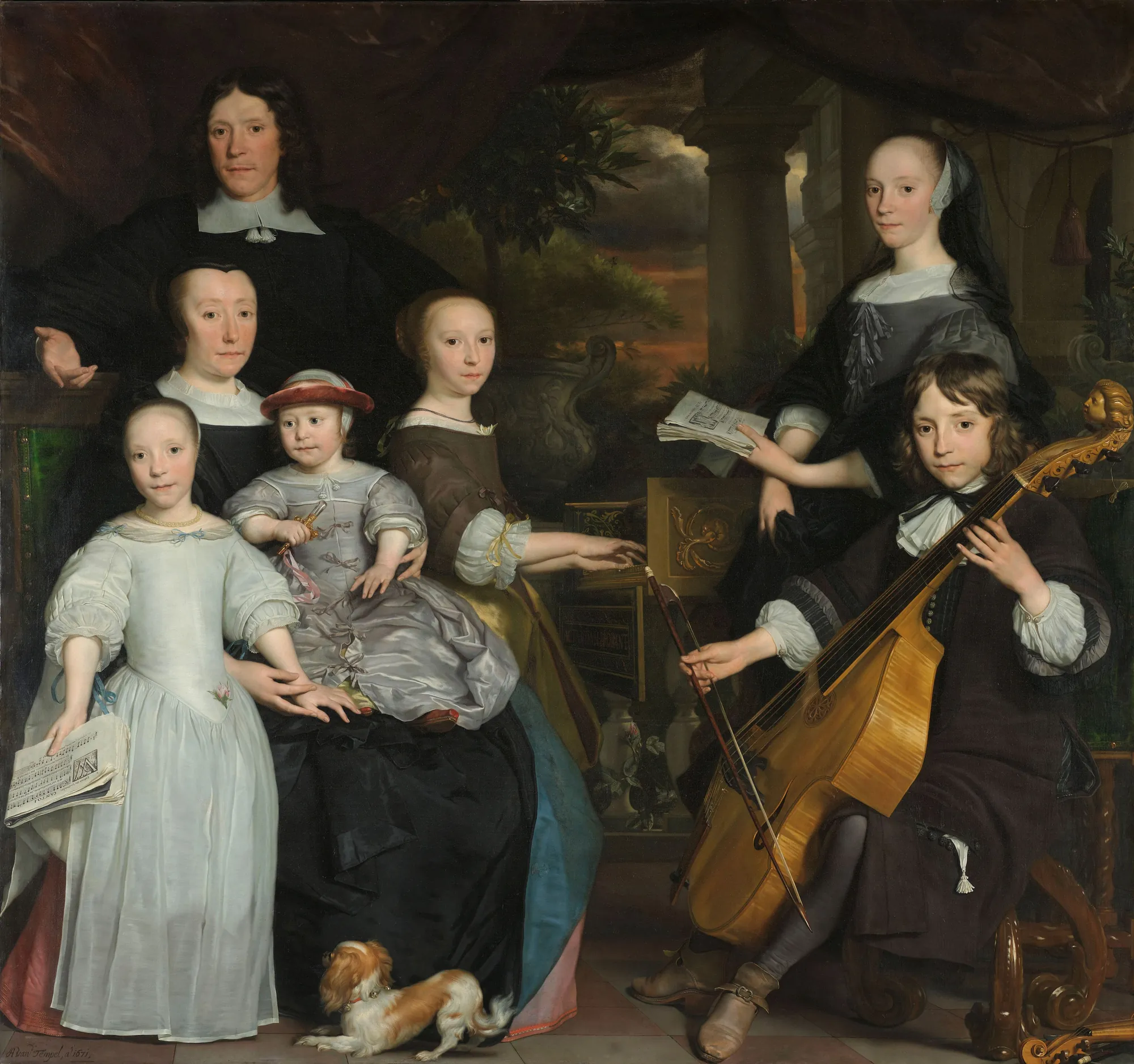 David Leeuw with his Family David Leeuw with his Family by Abraham Lambertsz van den Tempel. A 17th-century family portrait featuring several adults and children, some holding musical instruments and sheet music, with a small spaniel at their feet.