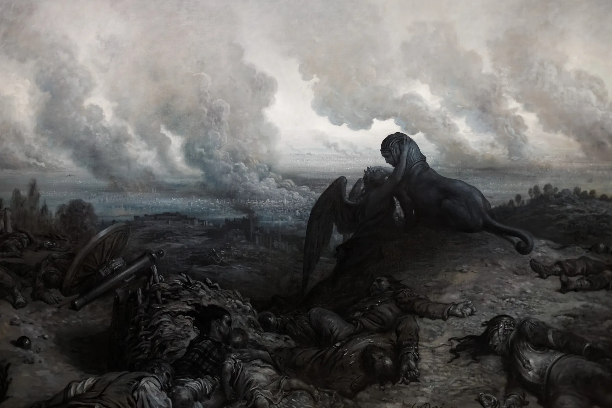 The Enigma The Enigma by Gustave Doré. A winged figure clings to a sphinx on a high ridge, looking out over a smoke-filled valley strewn with the wreckage of war and fallen soldiers.