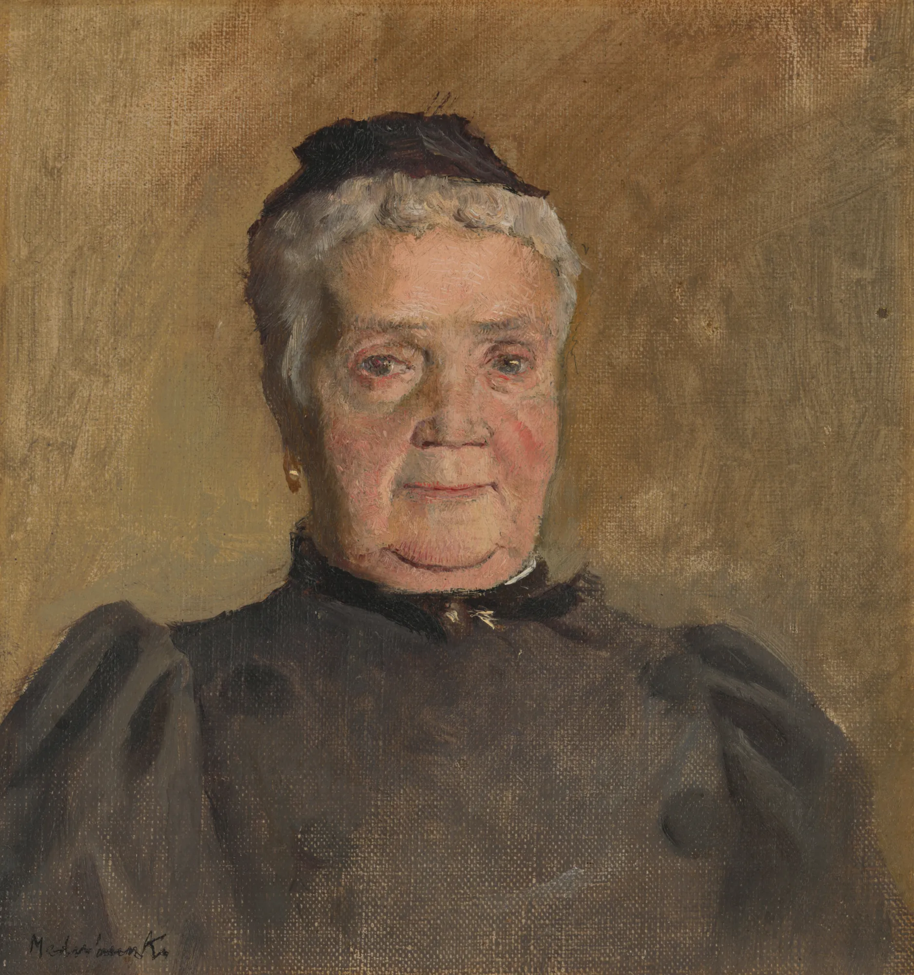 Portrait of Evelin Czóbel Portrait of Evelin Czóbel by László Mednyánszky. A painterly oil portrait of an elderly woman with silver hair wearing a dark, high-collared garment against a warm, neutral background.