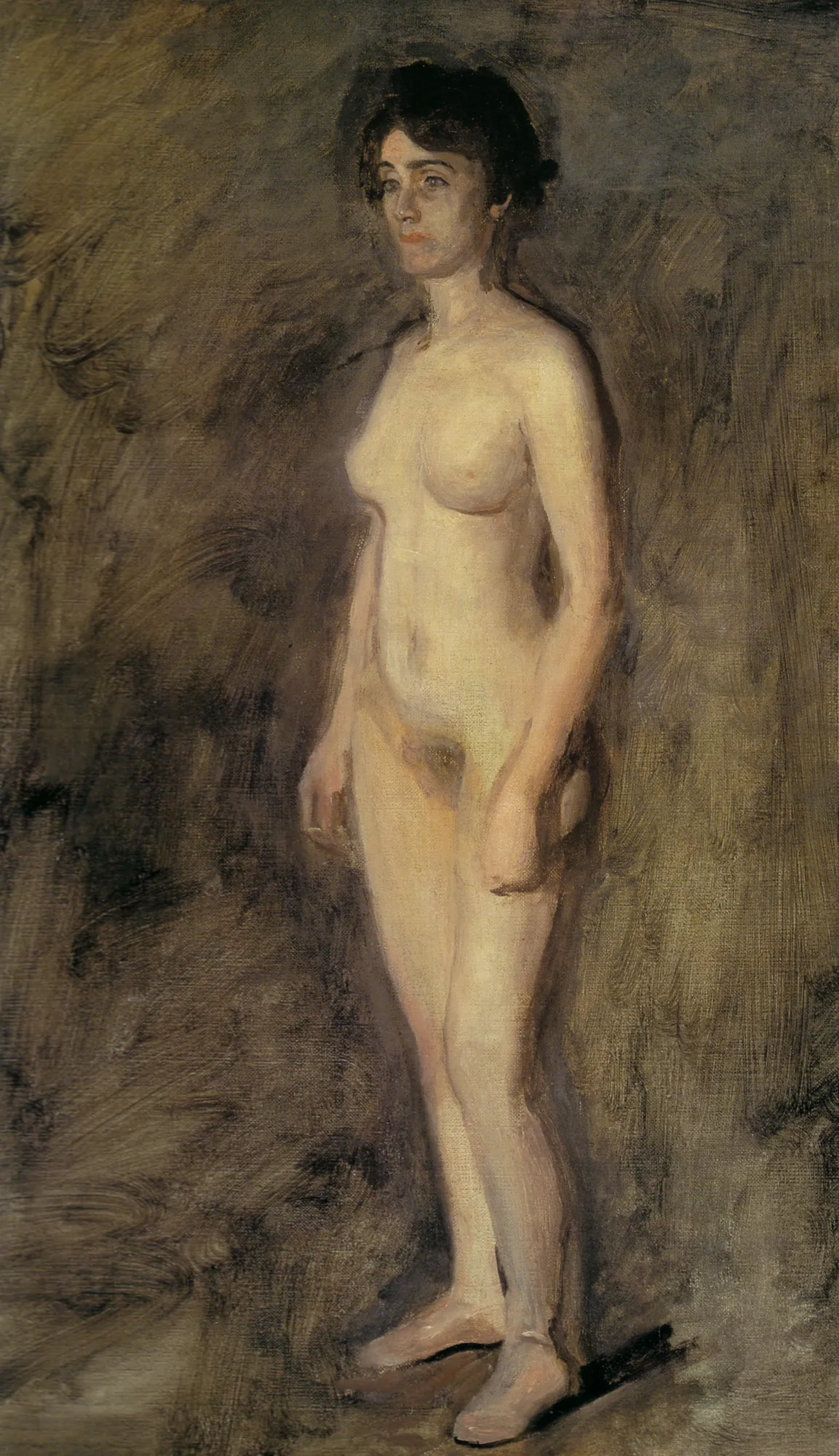 Nude Woman Standing Nude Woman Standing by Thomas Eakins. A realist oil painting of a nude woman standing in profile against a dark, atmospheric background.