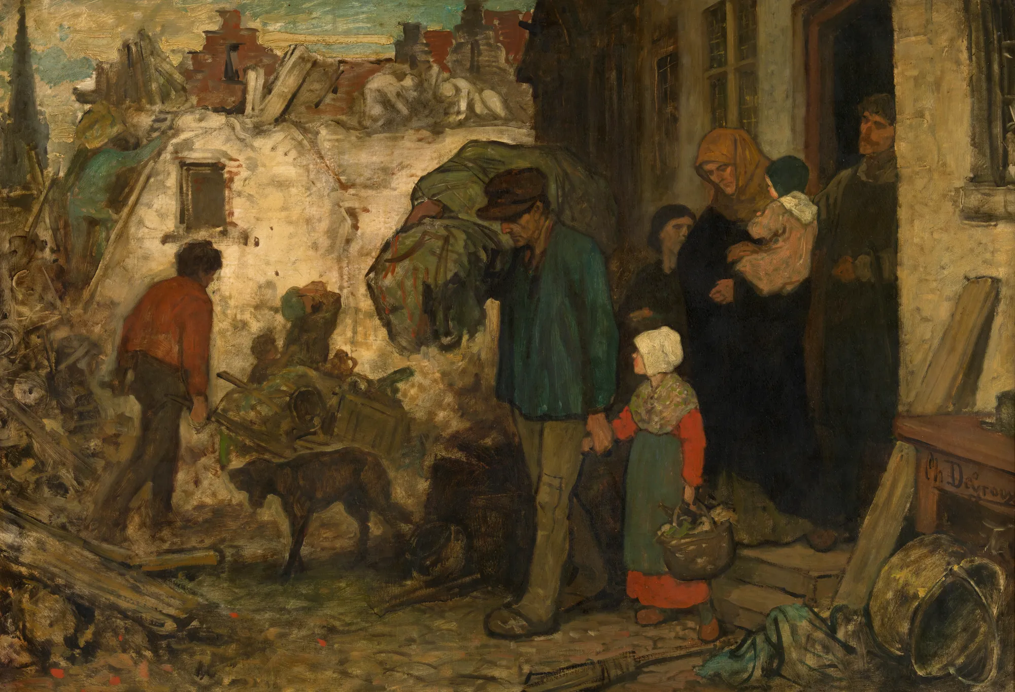 The Expulsion The Expulsion by Charles de Groux. A somber scene depicting a family being evicted from their home, with a man carrying a large bundle on his back followed by a woman with an infant and a young girl.