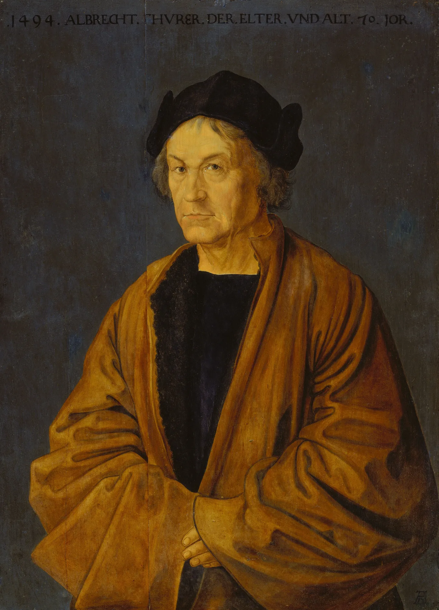 Portrait of Albrecht Dürer the Elder Portrait of Albrecht Dürer the Elder by Unknown Artist. A half-length portrait of an elderly man with gray hair wearing a black cap and a fur-lined golden-brown robe against a dark blue background.