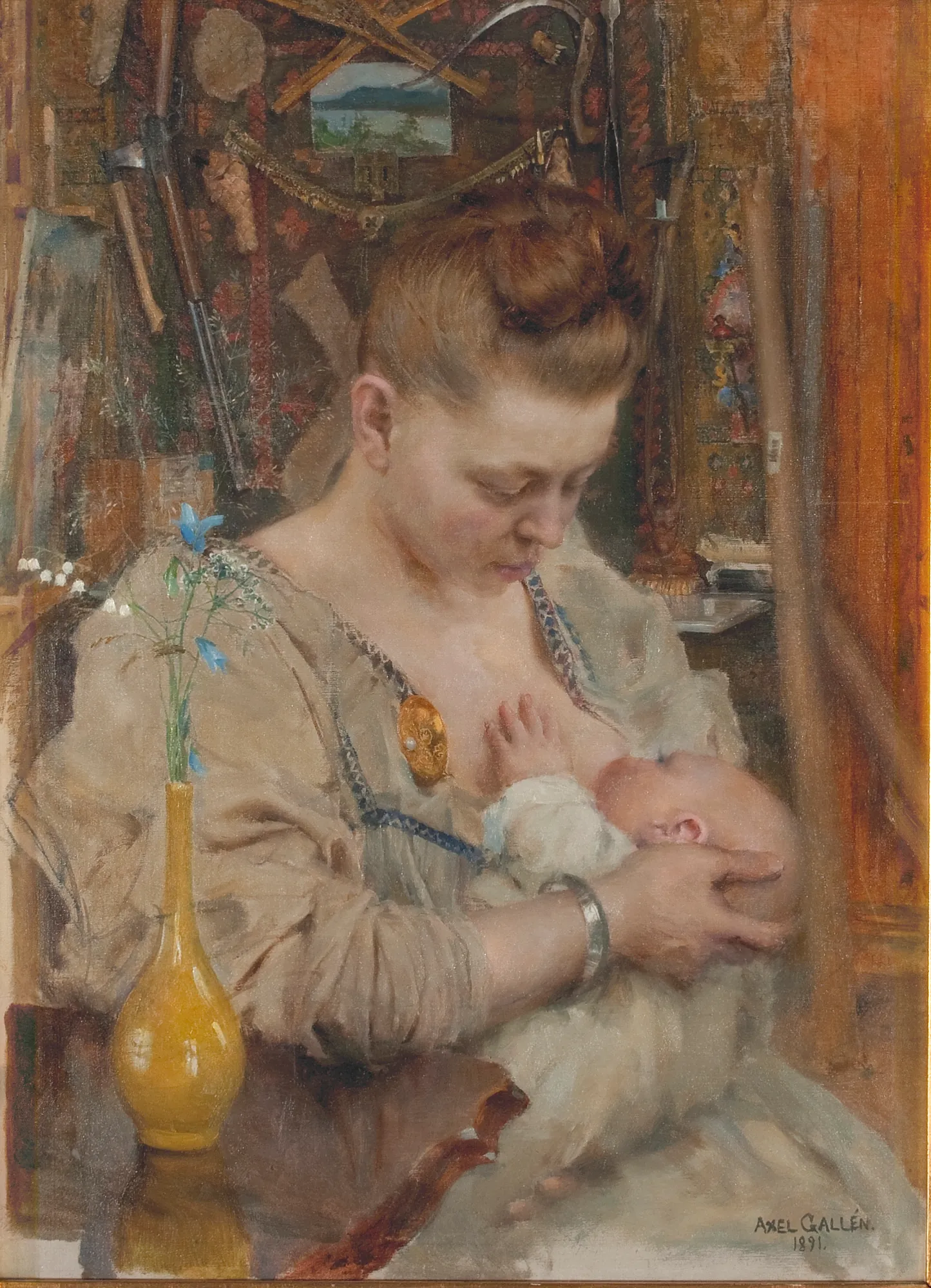 Madonna Madonna by Akseli Gallen-Kallela. A woman in a neutral-toned gown tenderly breastfeeds an infant while seated near a wooden table with a yellow vase.