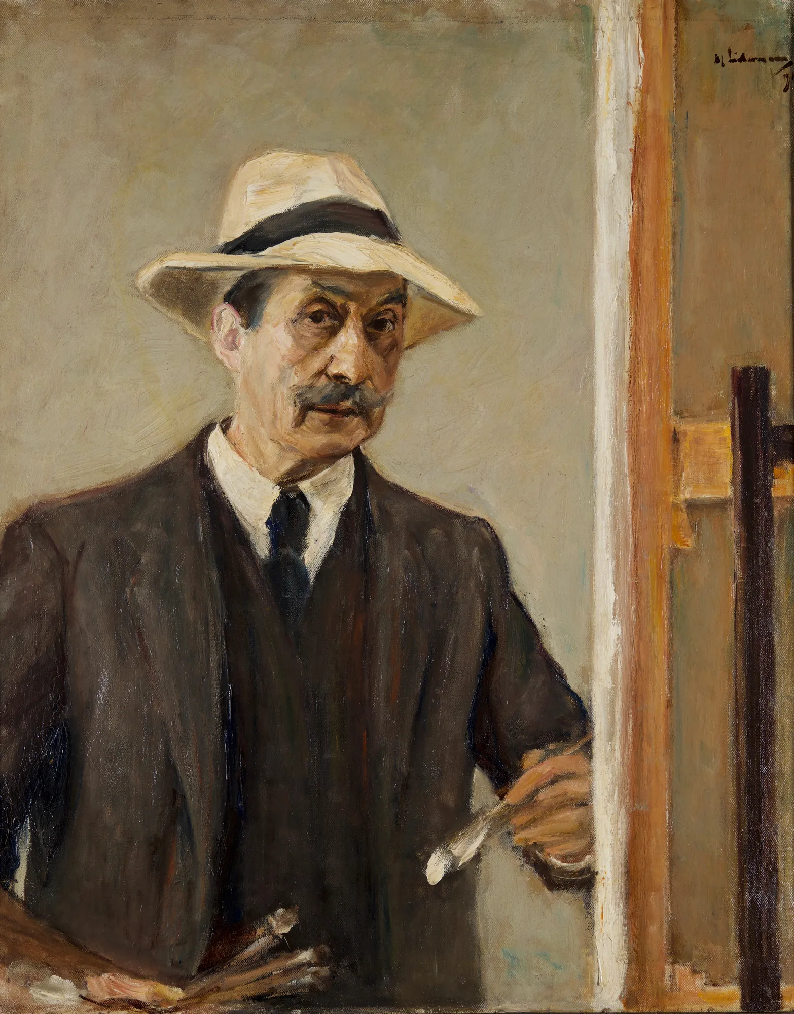 Self-Portrait with Straw Hat Self-Portrait with Straw Hat by Max Liebermann. A man with a graying mustache wearing a light straw hat and dark formal suit, holding a palette and paintbrush.