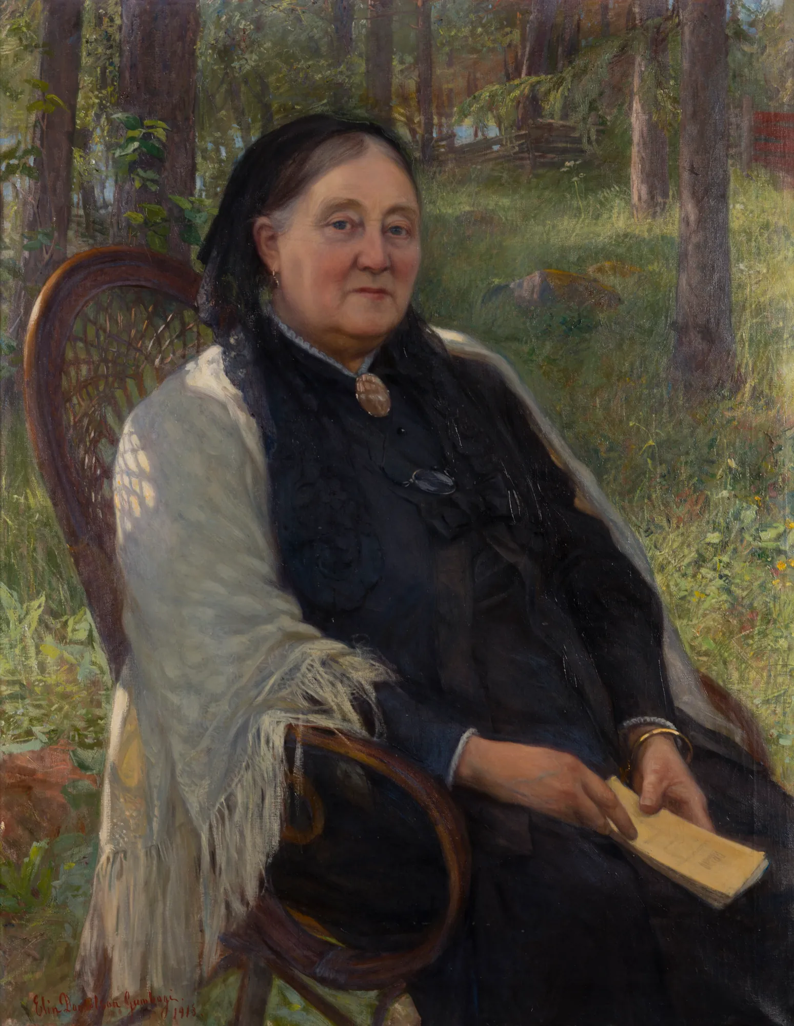 Mother Mother by Elin Danielson-Gambogi. An older woman with a serene expression sits in a wooden chair outdoors, wearing a black dress and a light-colored fringed shawl while holding a small book.
