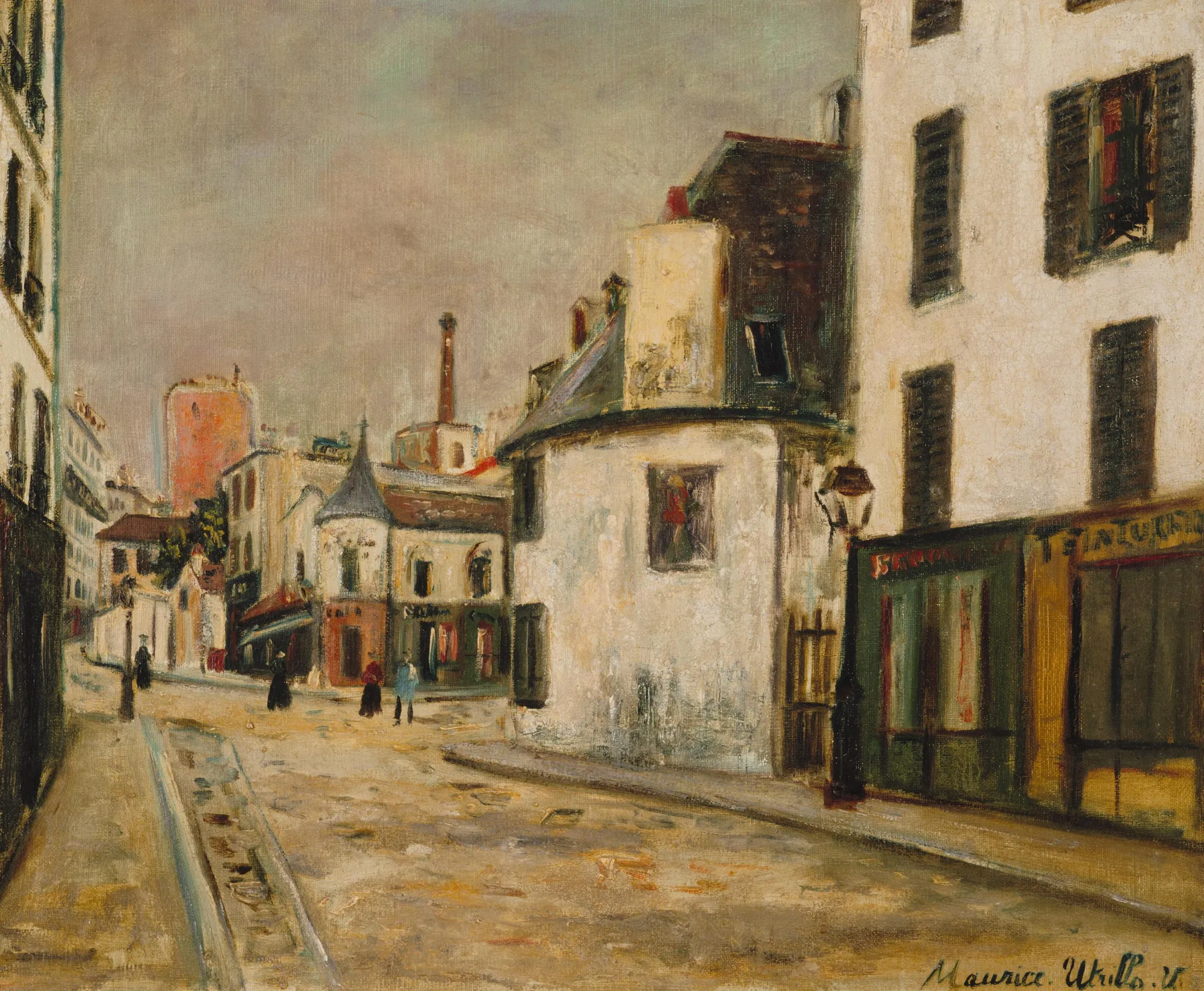 La Rue du Mont-Cenis La Rue du Mont-Cenis by Maurice Utrillo. An atmospheric oil painting of a Parisian street scene in Montmartre featuring white-walled buildings and small figures under a muted, overcast sky.
