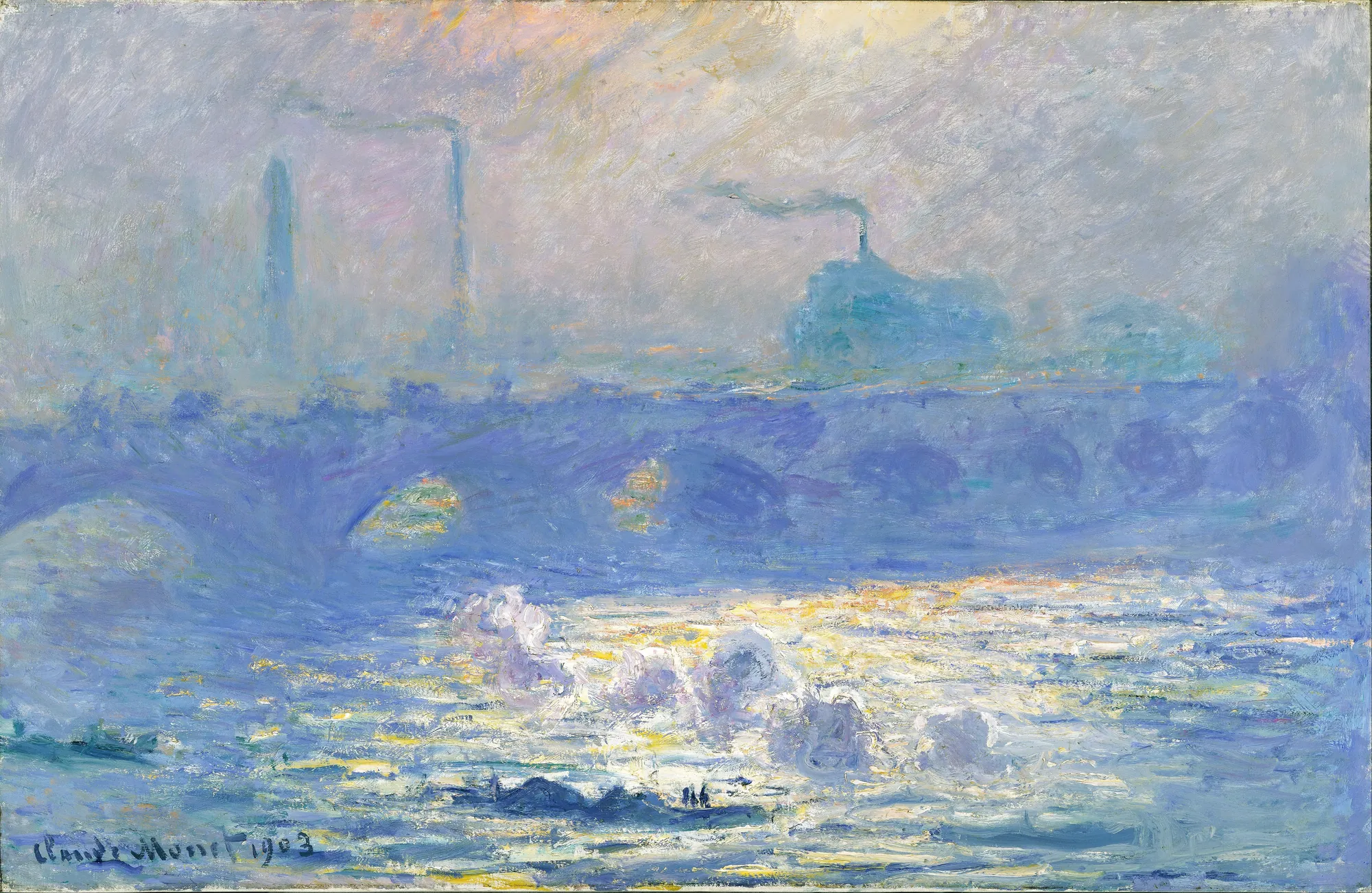 Waterloo Bridge, Sunlight Effect Waterloo Bridge, Sunlight Effect by Claude Monet. An Impressionist painting depicting London's Waterloo Bridge enveloped in a blue haze with golden sunlight reflections on the River Thames.