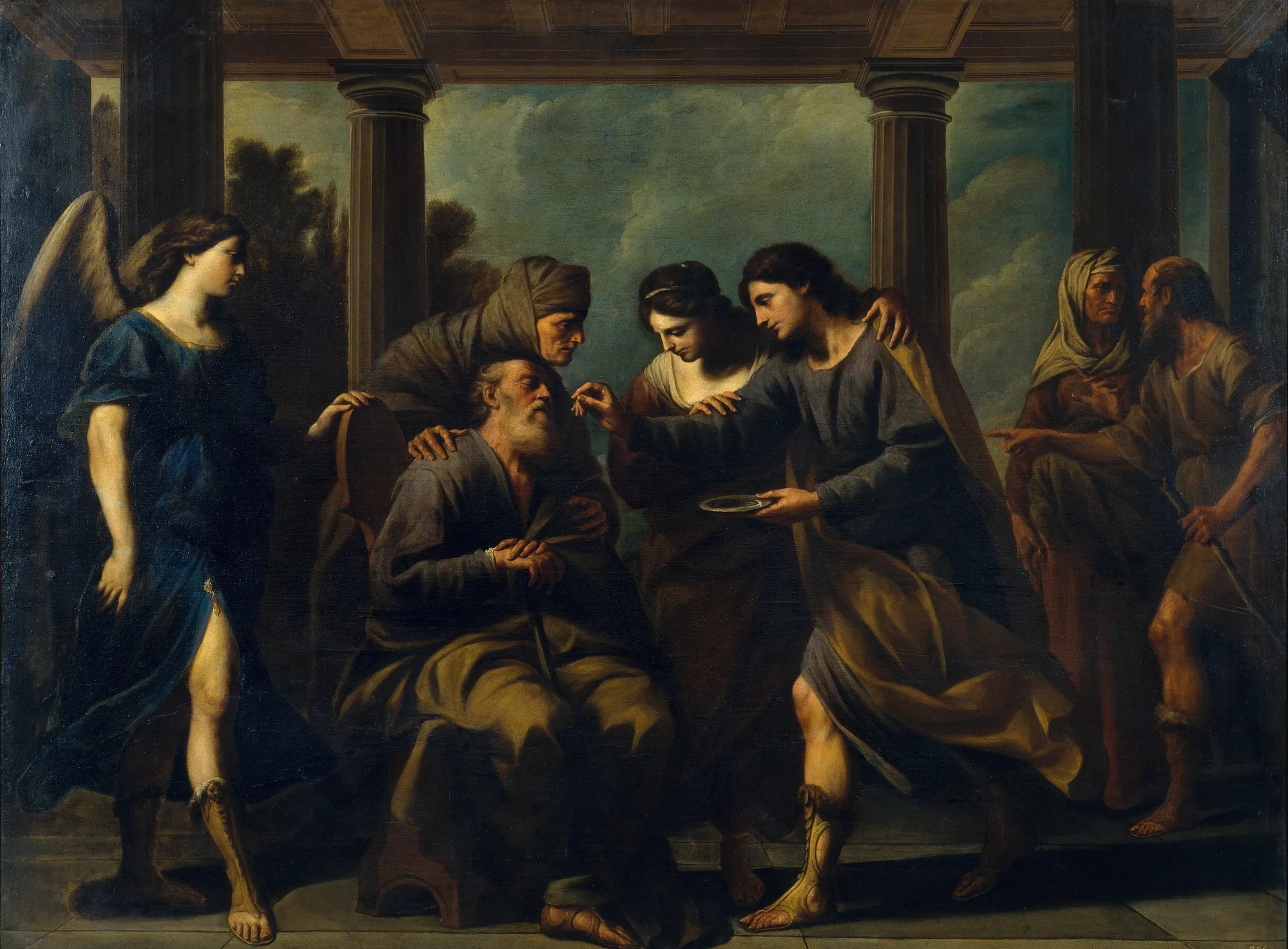 Tobias Heals His Blind Father Tobias Heals His Blind Father by Andrea Vaccaro. A dramatic Baroque scene depicting a young man applying an ointment to the eyes of an elderly seated man, surrounded by onlookers and an angel under a classical portico.