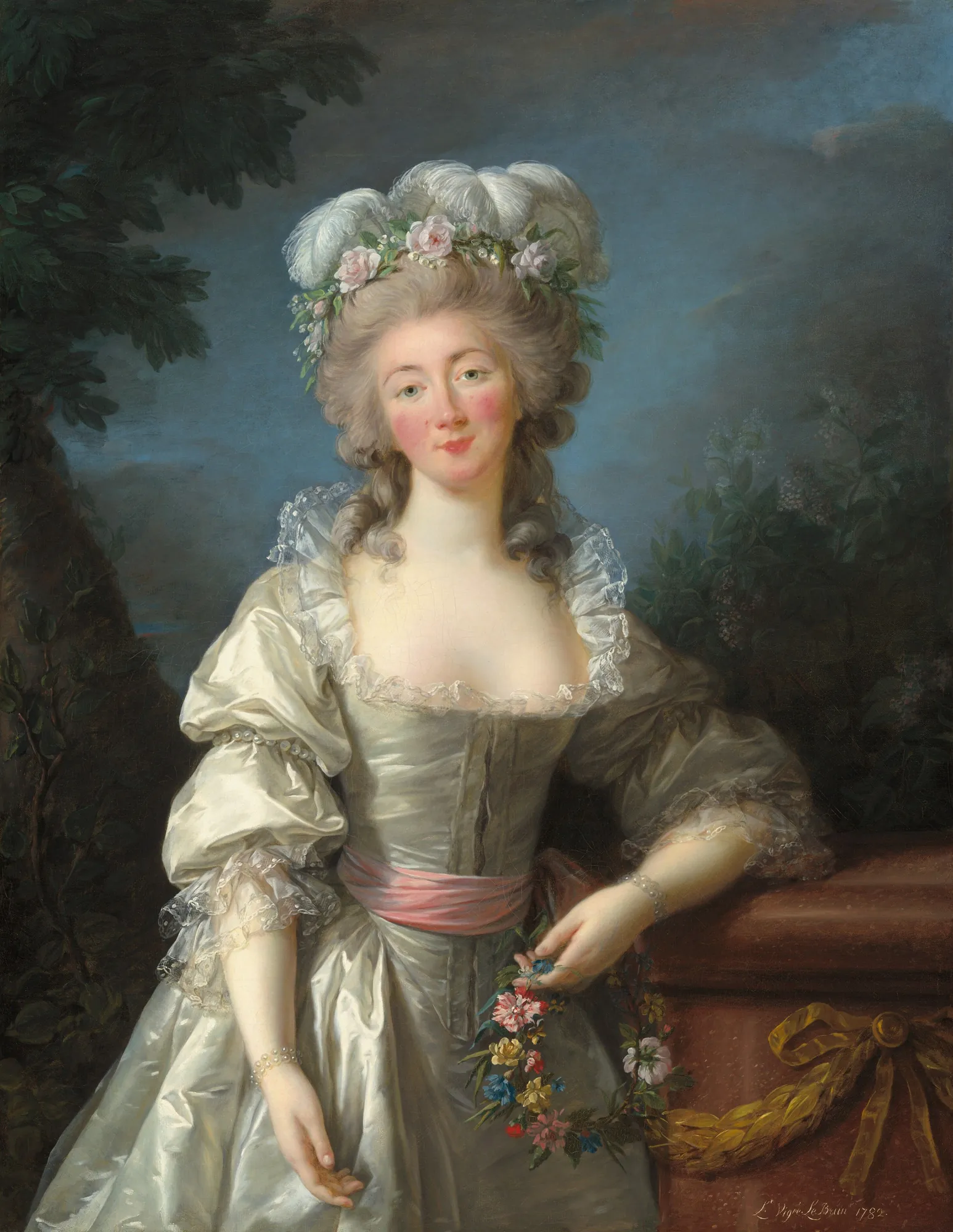 Madame du Barry Madame du Barry by Élisabeth Louise Vigée Le Brun. A three-quarter length portrait of a woman in an elaborate 18th-century white gown with a pink sash, wearing a feathered and flowered hat.