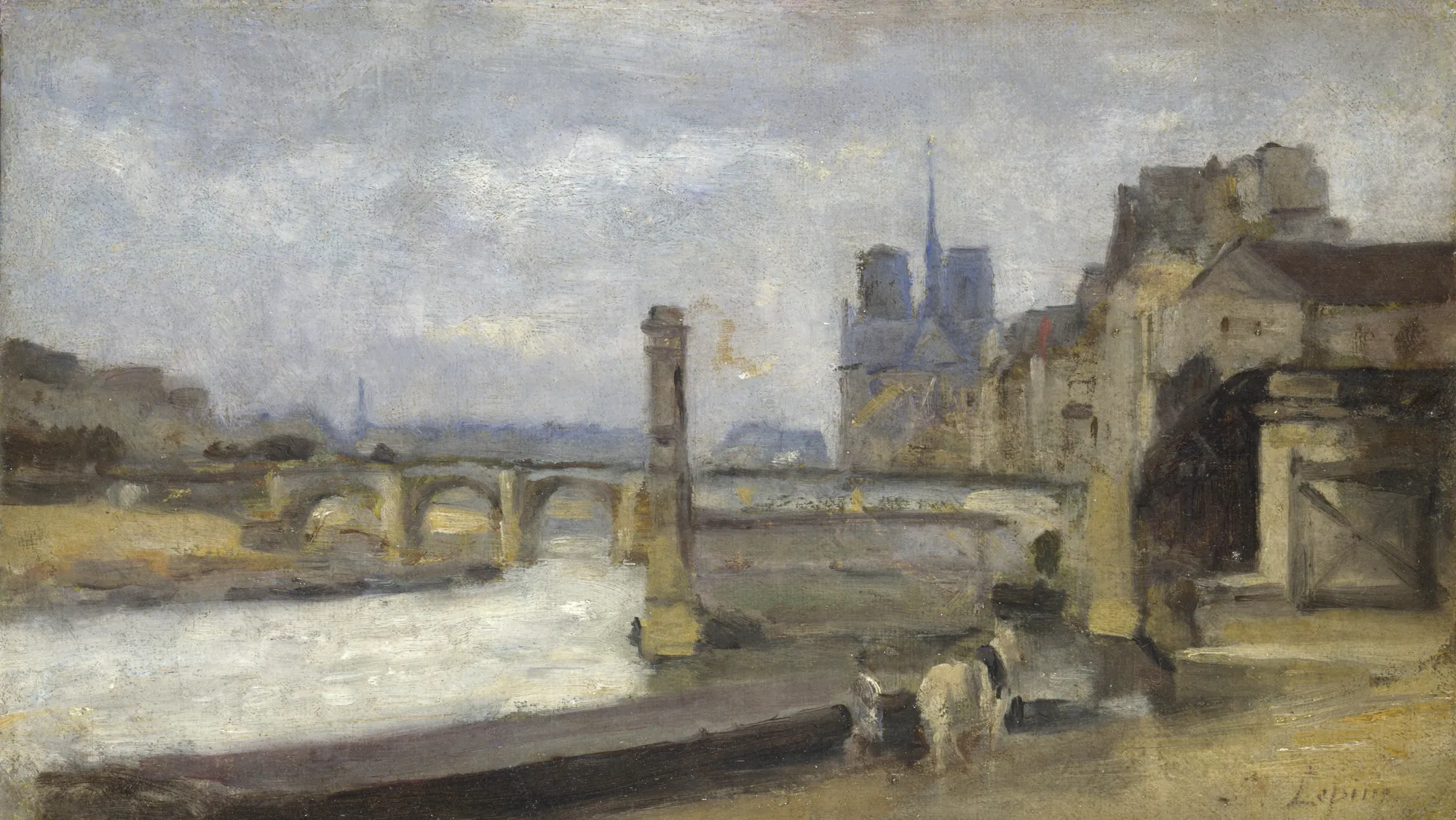 The Pont de la Tournelle, Paris The Pont de la Tournelle, Paris by Stanislas Lépine. An atmospheric oil painting depicting the Seine river in Paris with the Pont de la Tournelle bridge and the towers of Notre Dame Cathedral under a cloudy sky.
