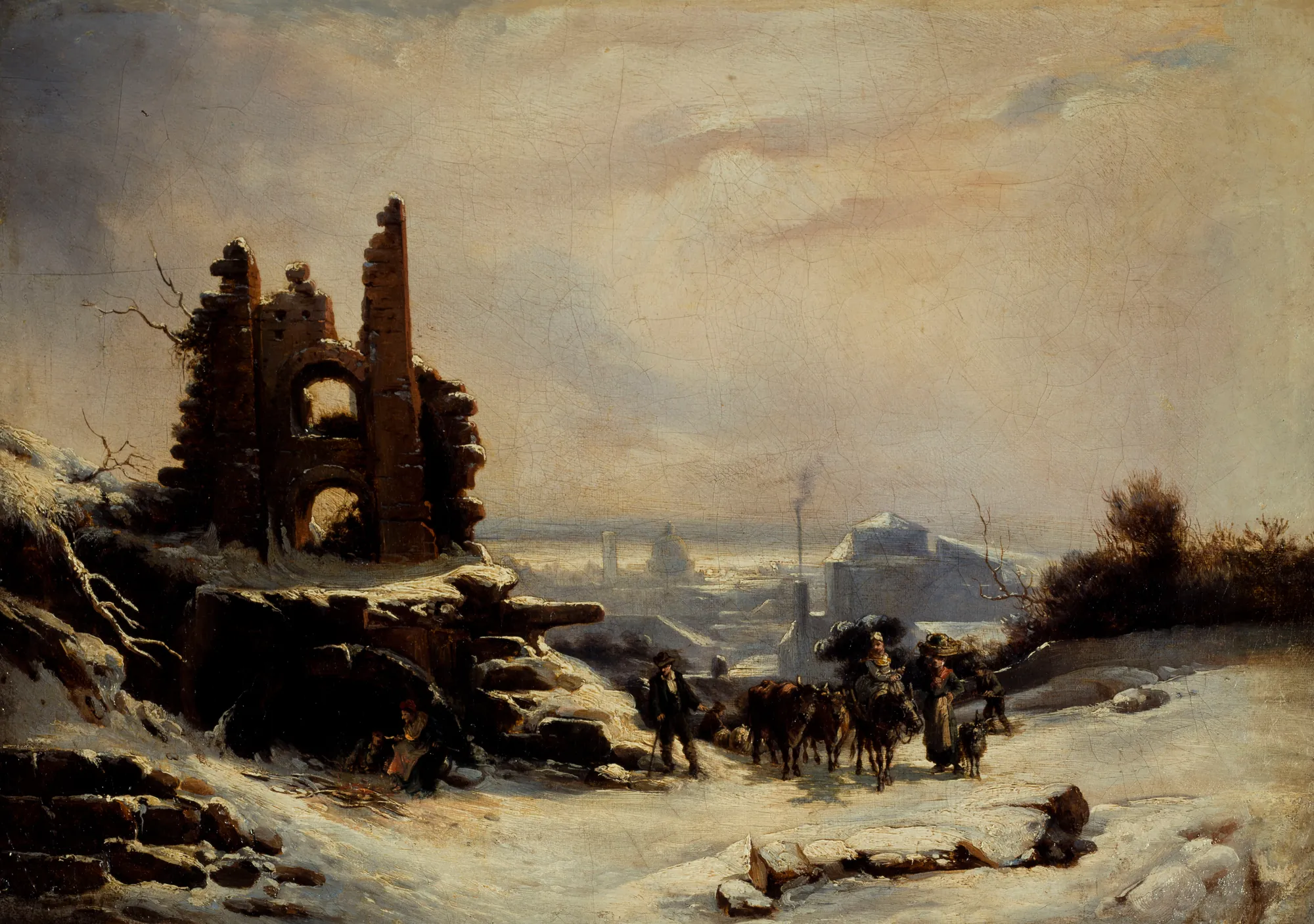 Le Retour du Marché (Effet de Neige sur Paris) Le Retour du Marché (Effet de Neige sur Paris) by Louis-Claude Malbranche. A snowy landscape featuring stone ruins and travelers with livestock heading toward a distant city under a pale winter sky.