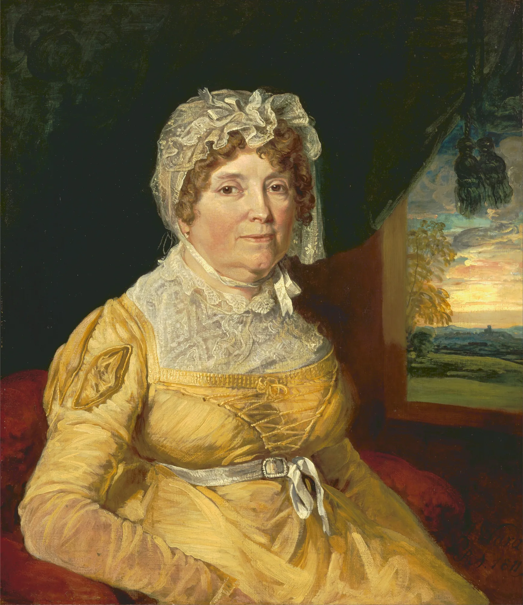 An Unknown Woman An Unknown Woman by James Ward. A portrait of a woman wearing an elaborate lace cap and a bright yellow dress, seated before a window overlooking a sunset landscape.