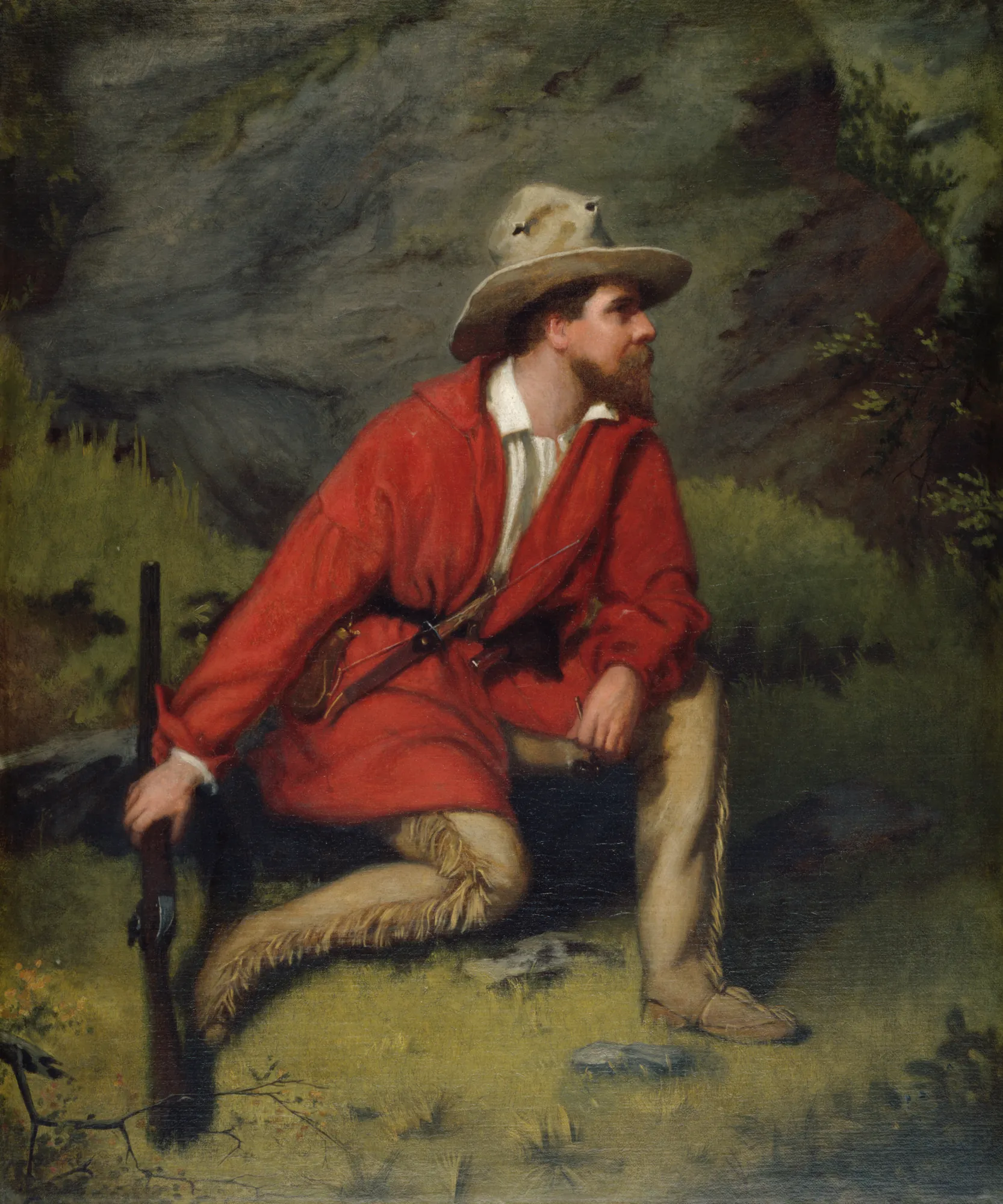 Samuel Washington Woodhouse Samuel Washington Woodhouse by Edward Bowers. A bearded man in a vibrant red hunter's jacket and buckskin trousers sits outdoors, holding a rifle and looking into the distance.