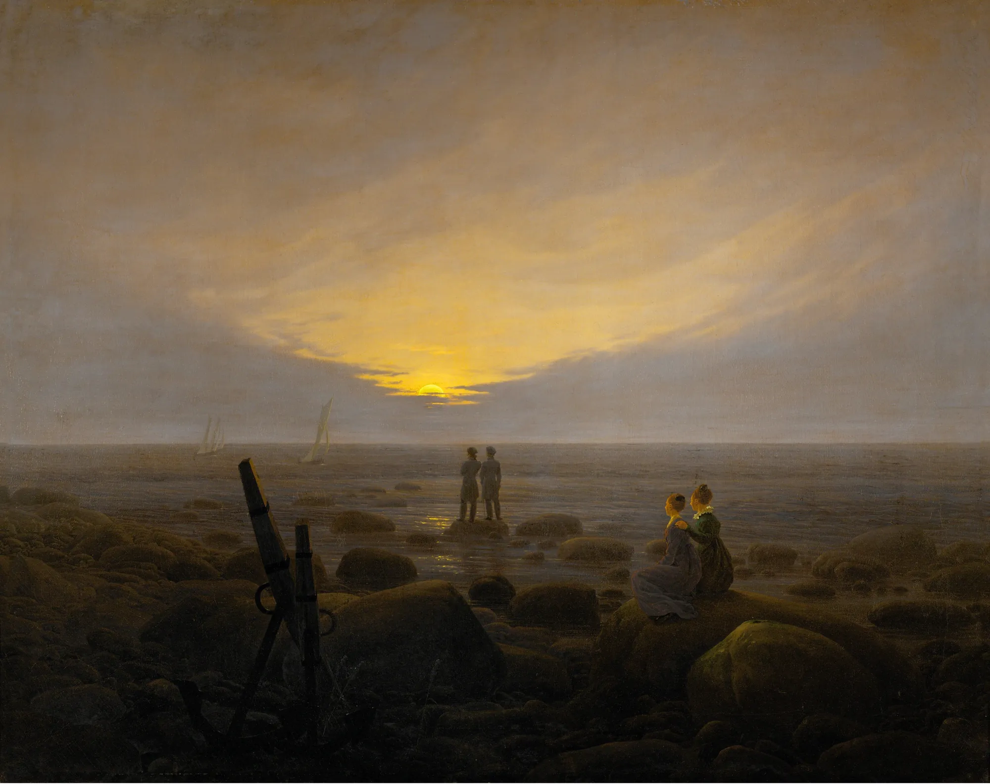 Moonrise over the Sea Moonrise over the Sea by Caspar David Friedrich. Four silhouetted figures on a rocky shore look out at a glowing moon rising over a calm sea with two small sailing ships.