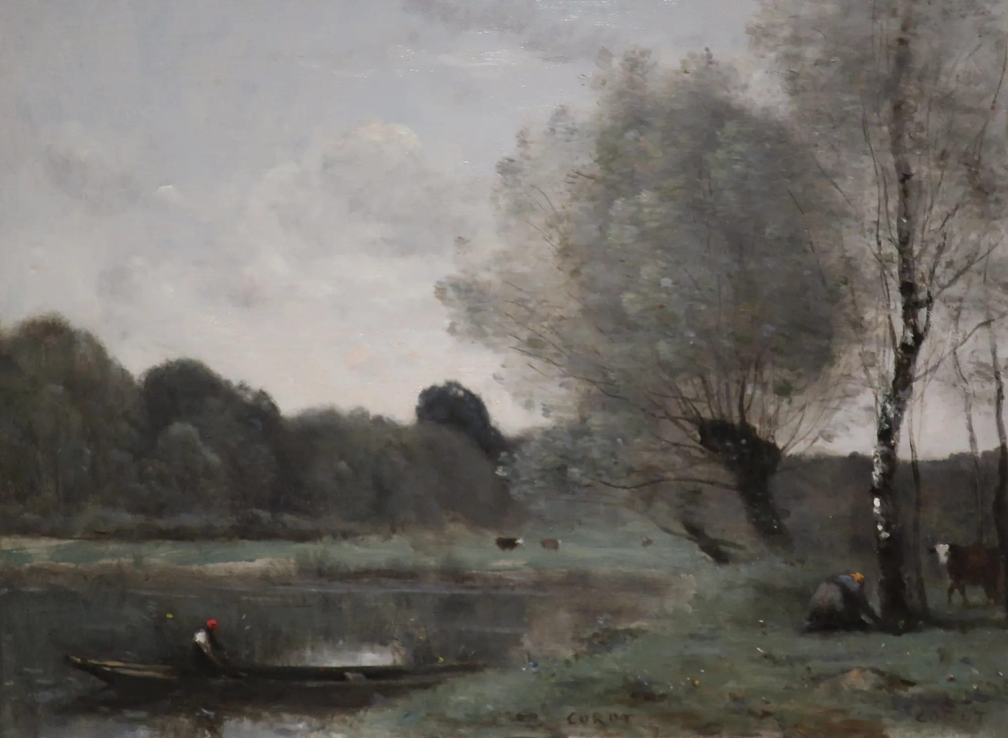 Souvenir de Ville d'Avray Souvenir de Ville d'Avray by Jean-Baptiste Camille Corot. An atmospheric landscape features a calm body of water with a small boat in the foreground and figures amongst silver-toned trees.