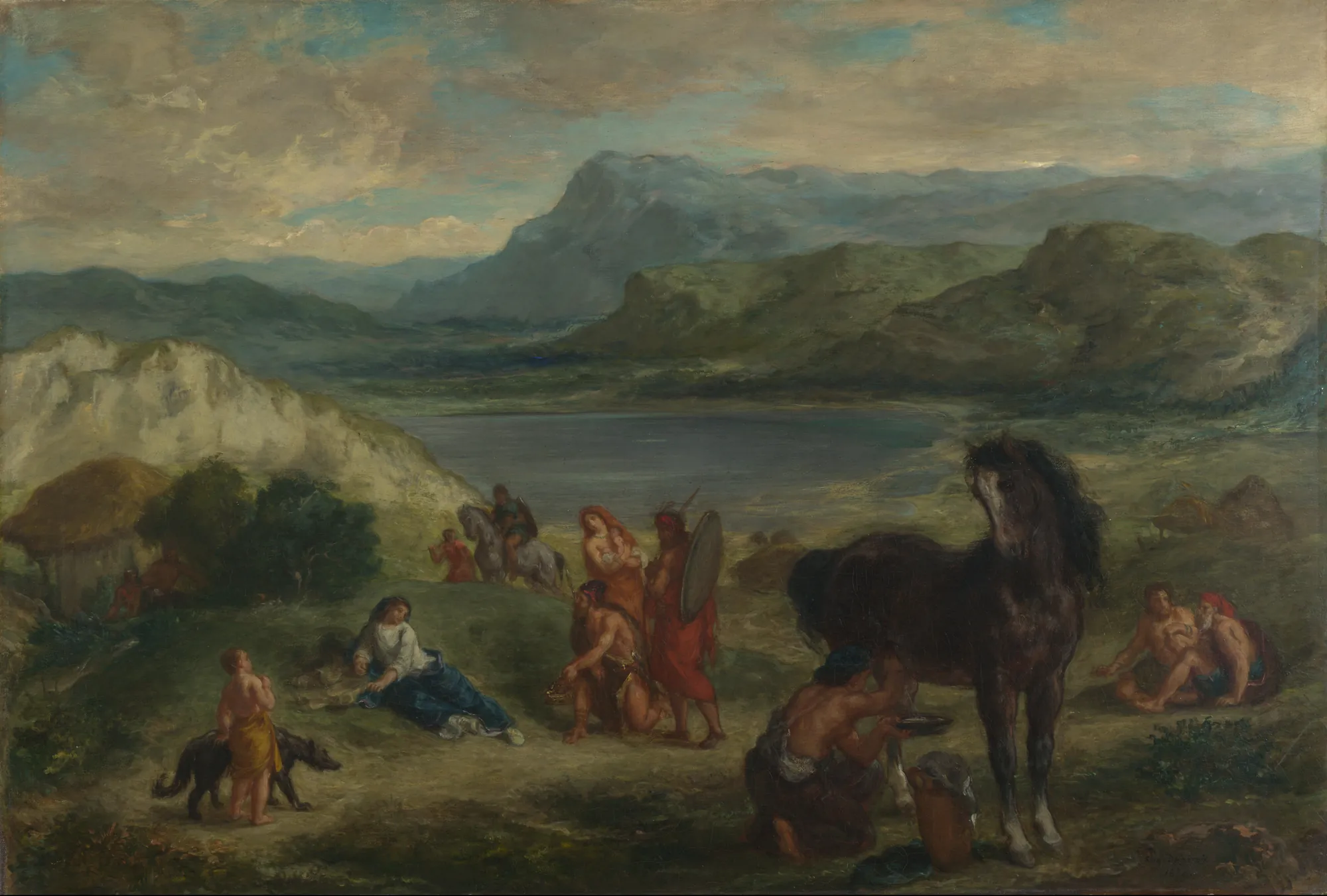 Ovid Among the Scythians Ovid Among the Scythians by Eugène Delacroix. A sprawling landscape depicts the Roman poet Ovid reclining on a grassy hill, surrounded by Scythian tribespeople and animals under a vast, clouded sky.