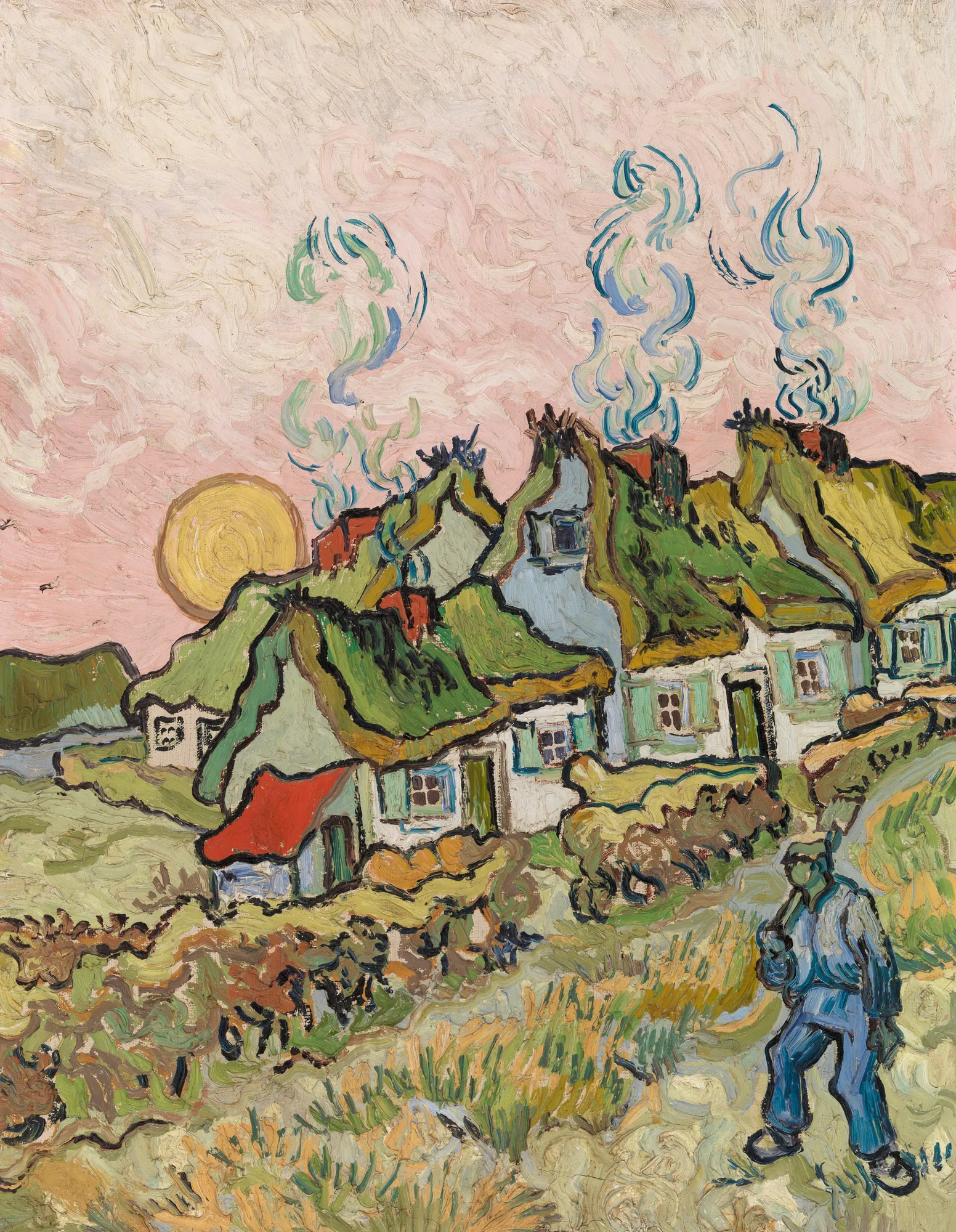 Thatched Cottages in the Sunshine Thatched Cottages in the Sunshine by Vincent van Gogh. A row of white cottages with green thatched roofs sits beneath a swirling pink and white sky with a golden sun.