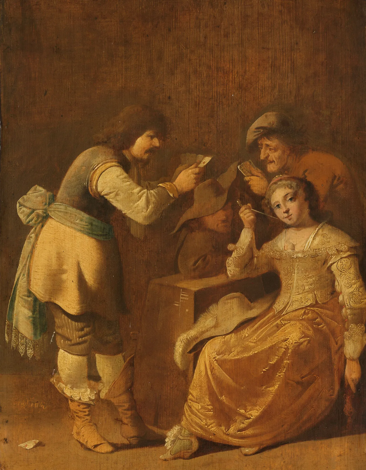 Card Players with a Pipe-Smoking Woman Card Players with a Pipe-Smoking Woman by Pieter Quast. A small group is gathered around a simple wooden table, featuring a standing man showing his cards and a seated woman in a yellow gown smoking a long pipe.