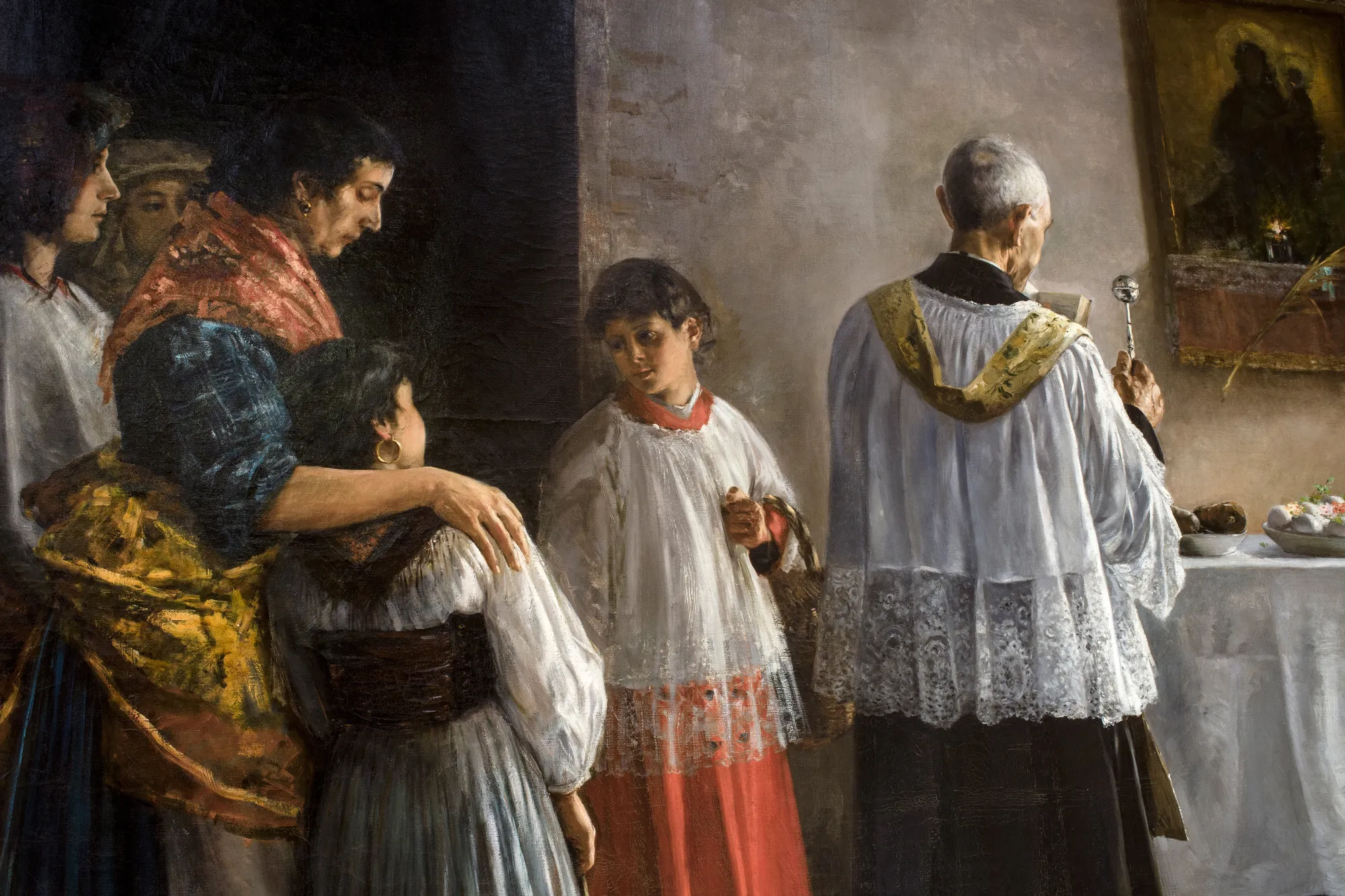 Bendición Pascual en Roma Bendición Pascual en Roma by José Rico Cejudo. A priest in ornate white lace vestments performs a blessing before an altar, observed by a family in traditional 19th-century attire.