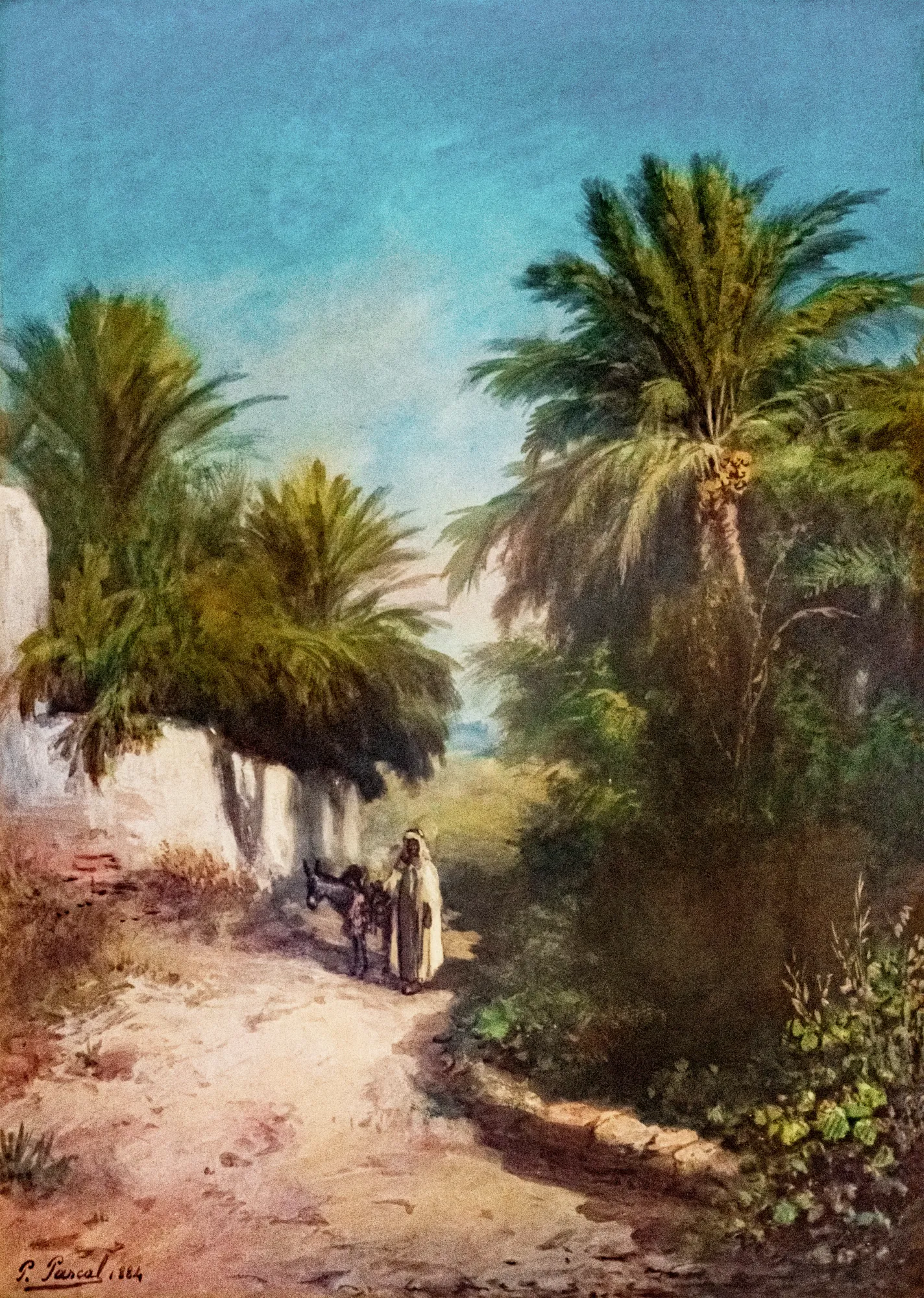 Oriental Landscape (Paysage oriental) Oriental Landscape (Paysage oriental) by Paul Pascal. A figure in traditional robes leads a donkey along a sunlit dirt path bordered by lush palm trees and a low white wall under a bright blue sky.