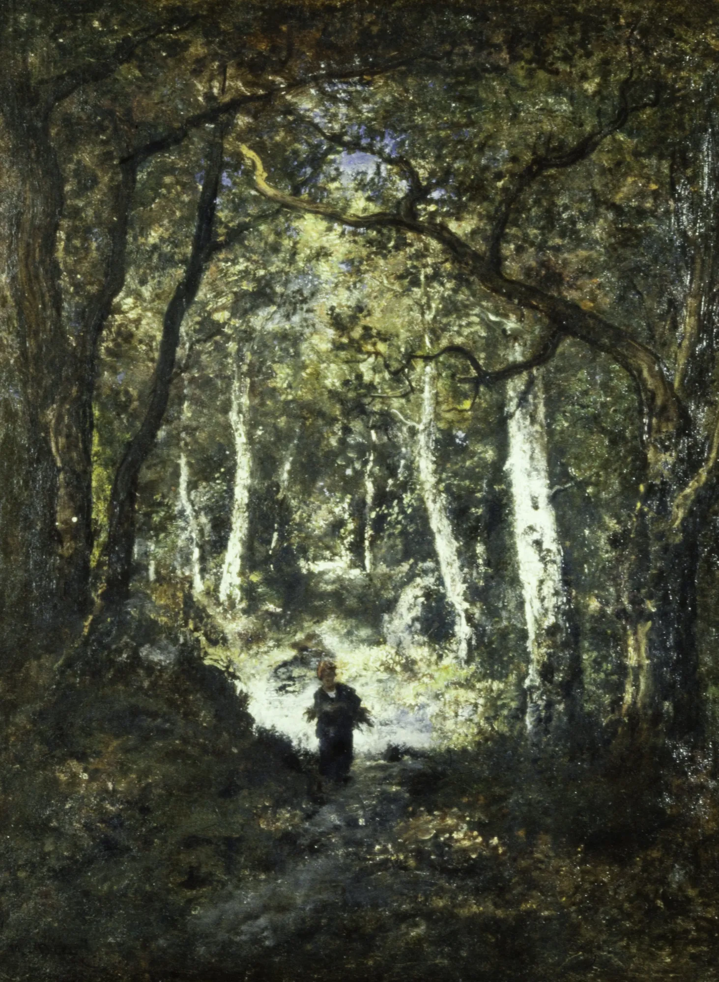 Forest Interior with Wood Gatherer Forest Interior with Wood Gatherer by Narcisse Virgilio Díaz. A solitary figure carries a bundle of wood through a sun-dappled forest clearing surrounded by tall, dark trees.