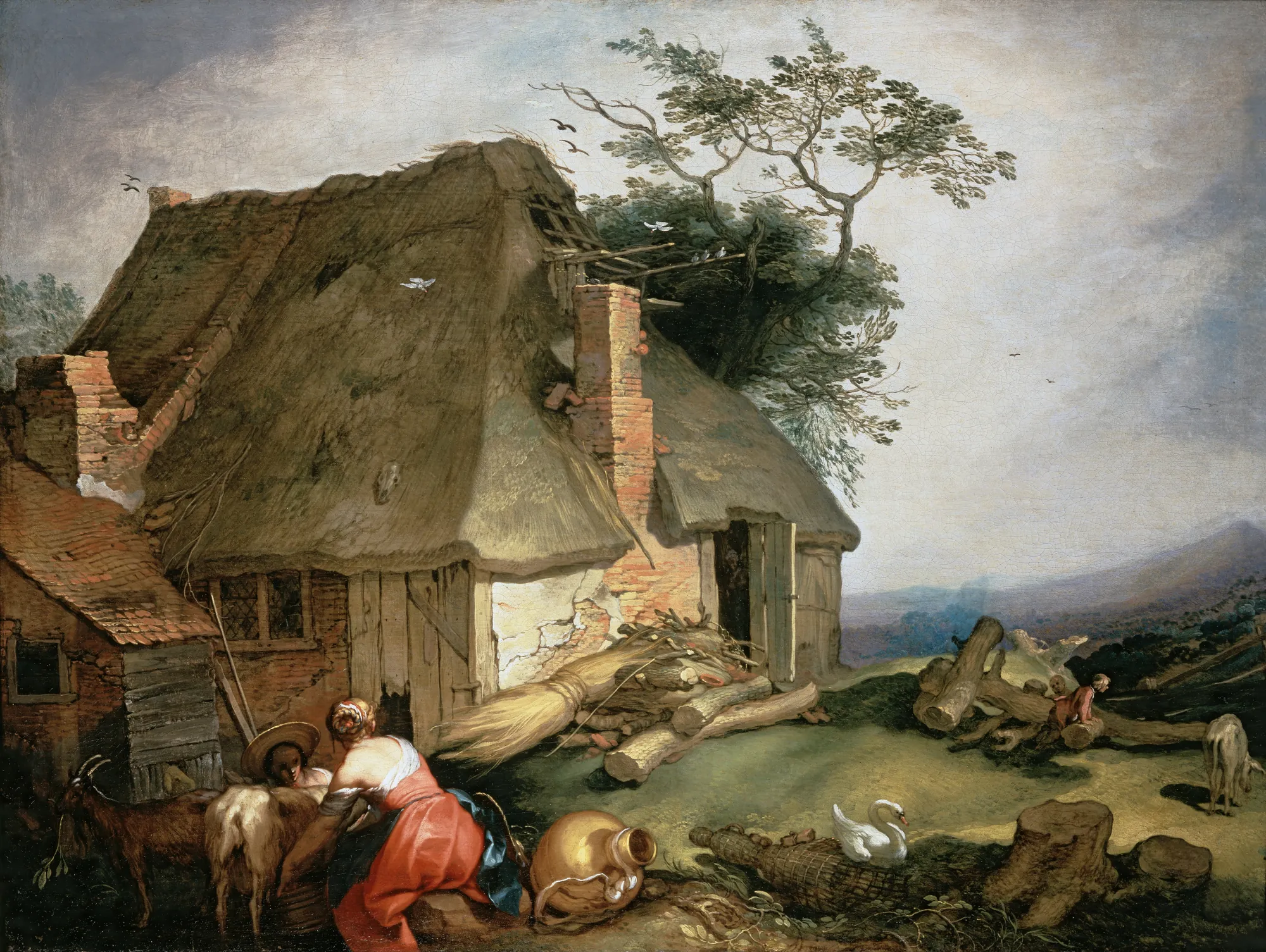 A Cottage with Peasants Milking Goats