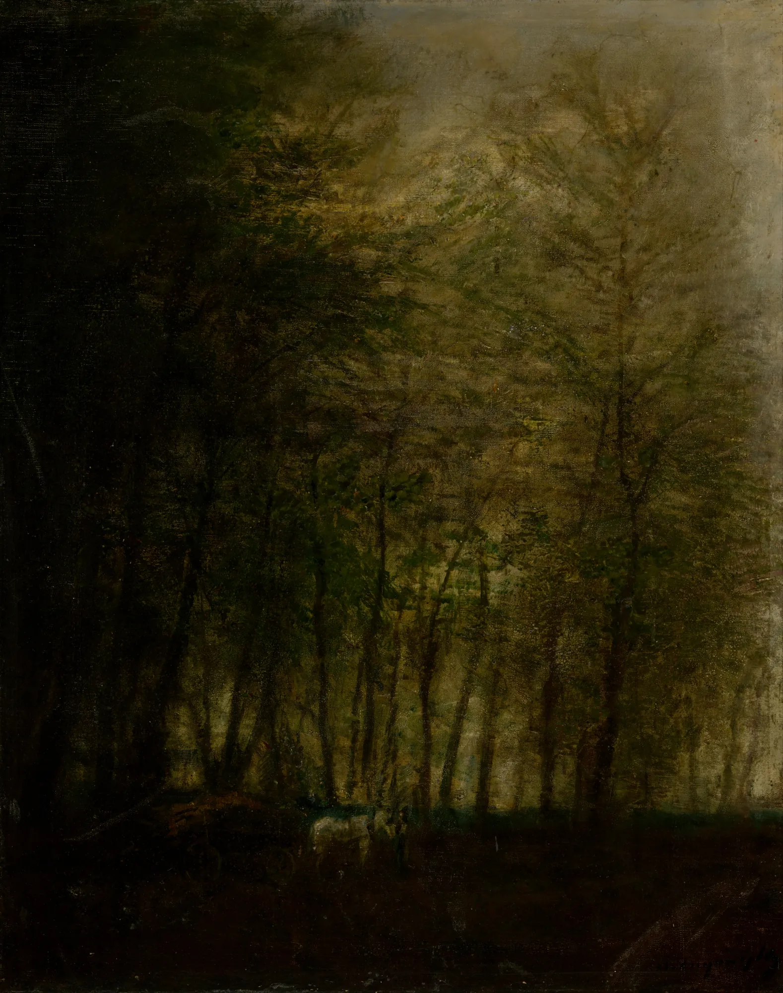 Wagon in the Woods Wagon in the Woods by László Mednyánszky. A dimly lit forest scene with a horse-drawn wagon appearing in the dark shadows at the base of tall, slender trees.