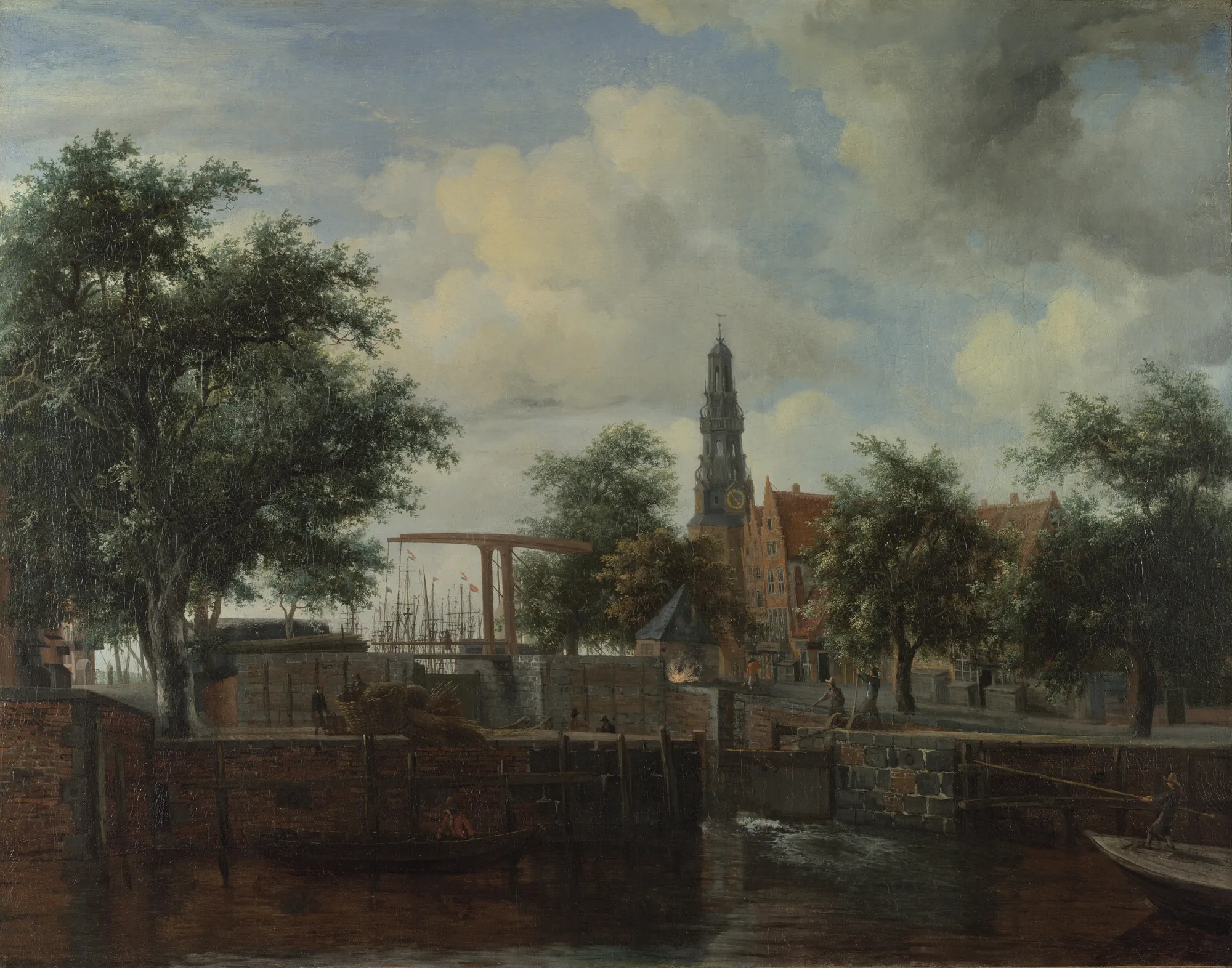 The Haarlem Lock, Amsterdam The Haarlem Lock, Amsterdam by Meindert Hobbema. An Amsterdam cityscape featuring a stone lock in the foreground, figures near the water, and a prominent church tower rising behind leafy trees under a cloudy sky.