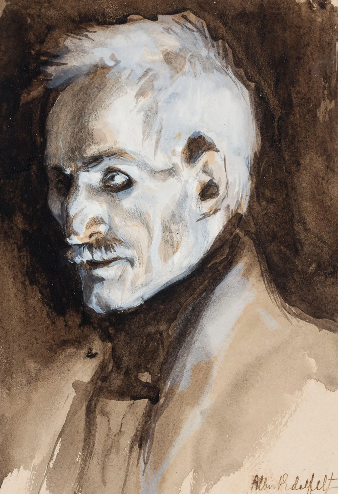 Vänrikki Stool Vänrikki Stool by Albert Edelfelt. A high-contrast wash drawing depicting the head and shoulders of an elderly man with white hair and a mustache, looking intently to the side.