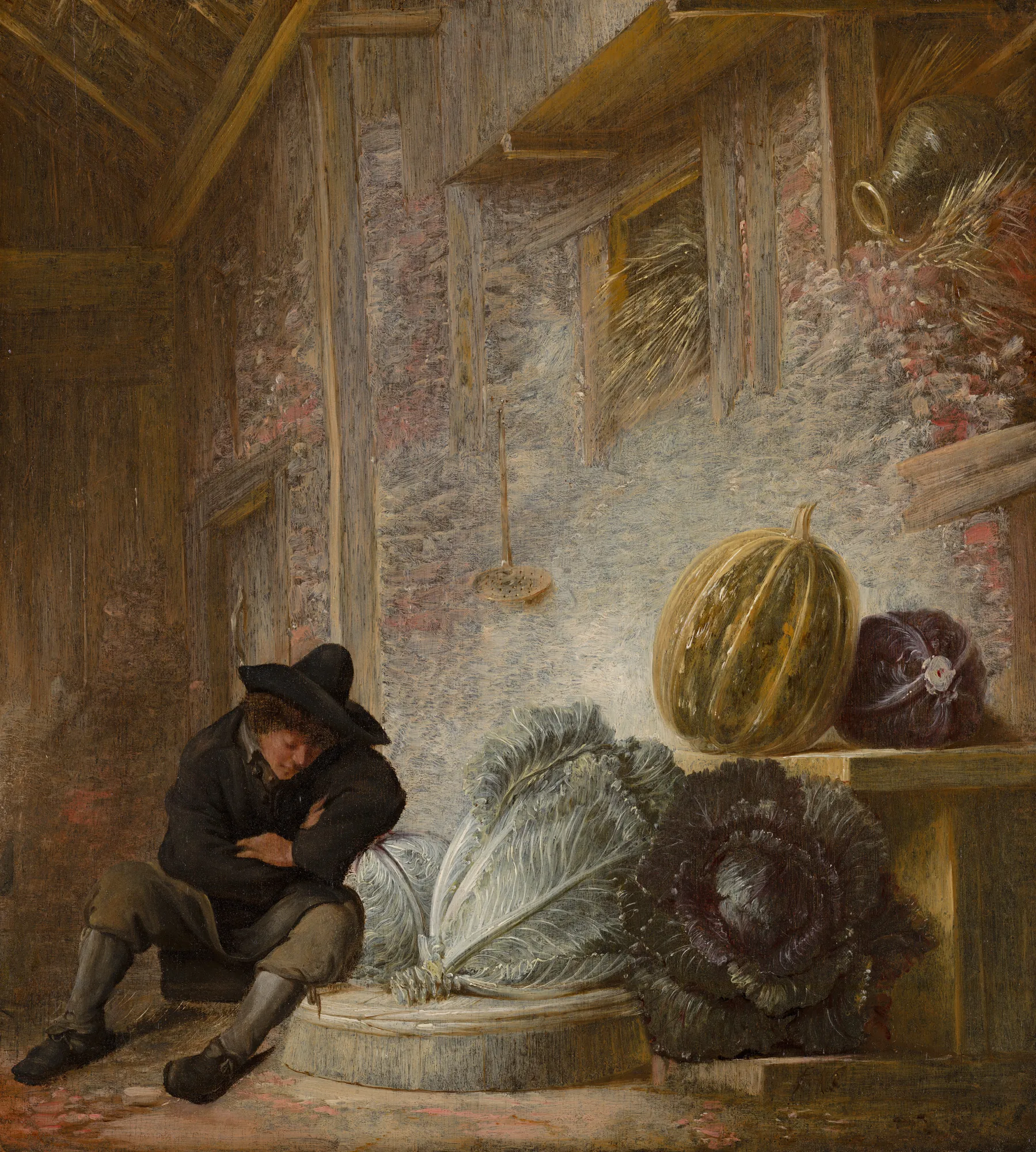Boy Sleeping in a Barn Boy Sleeping in a Barn by François Ryckhals. A young boy wearing a dark hat and coat sleeps leaning against a heap of large cabbages and a striped squash in a rustic interior.