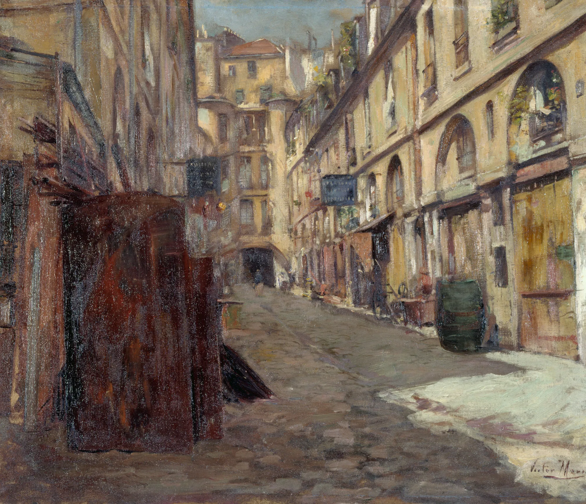 La Cour du Dragon La Cour du Dragon by Victor Marec. An oil painting of a narrow, cobblestone Parisian courtyard flanked by historic multi-story buildings with arched entrances and shop signs.