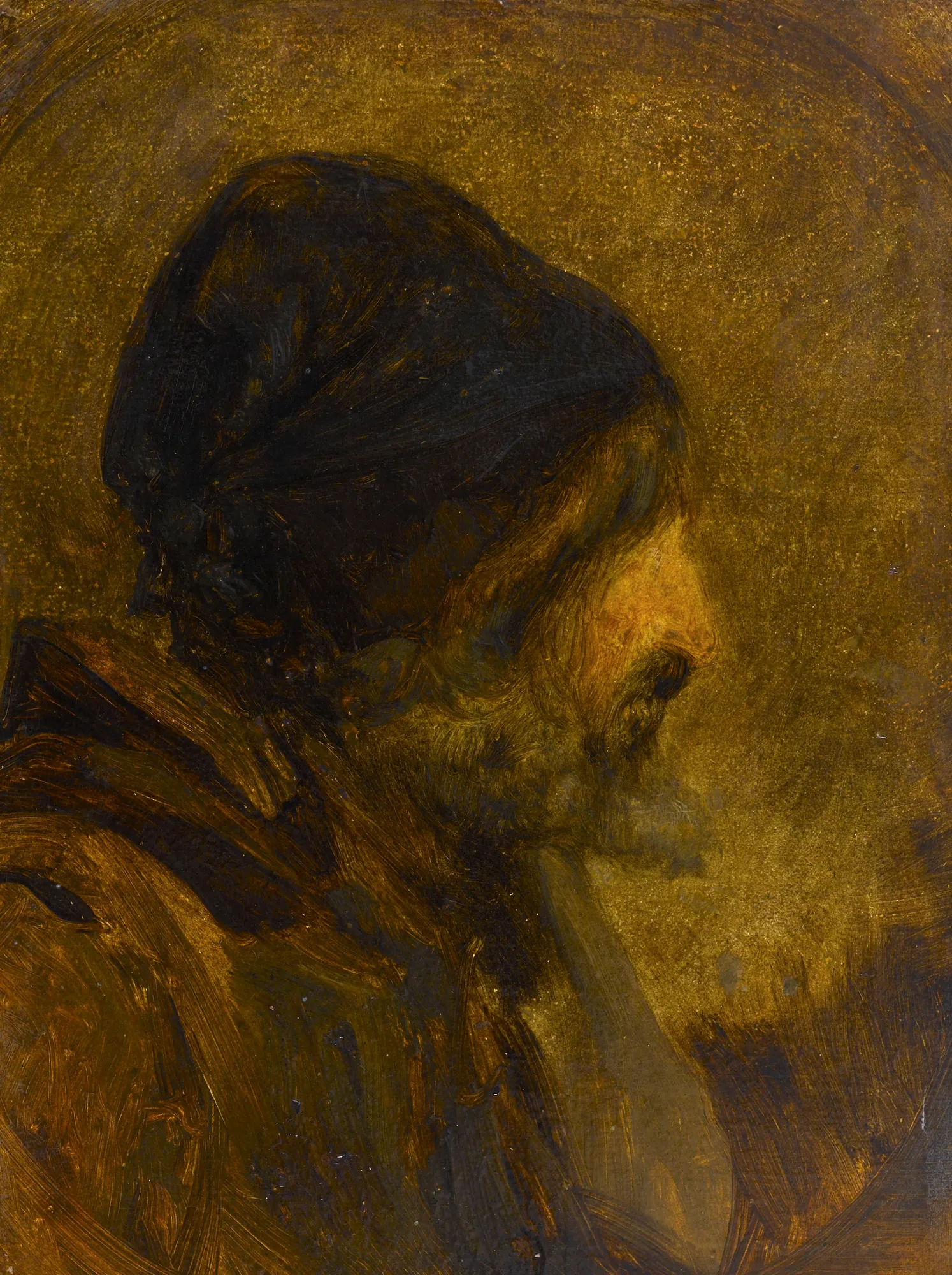 Head of a Man after Rembrandt Head of a Man after Rembrandt by Félix Ziem. A profile study of a bearded man in a dark cap, painted with warm, golden-brown light and shadow in an Old Master style.