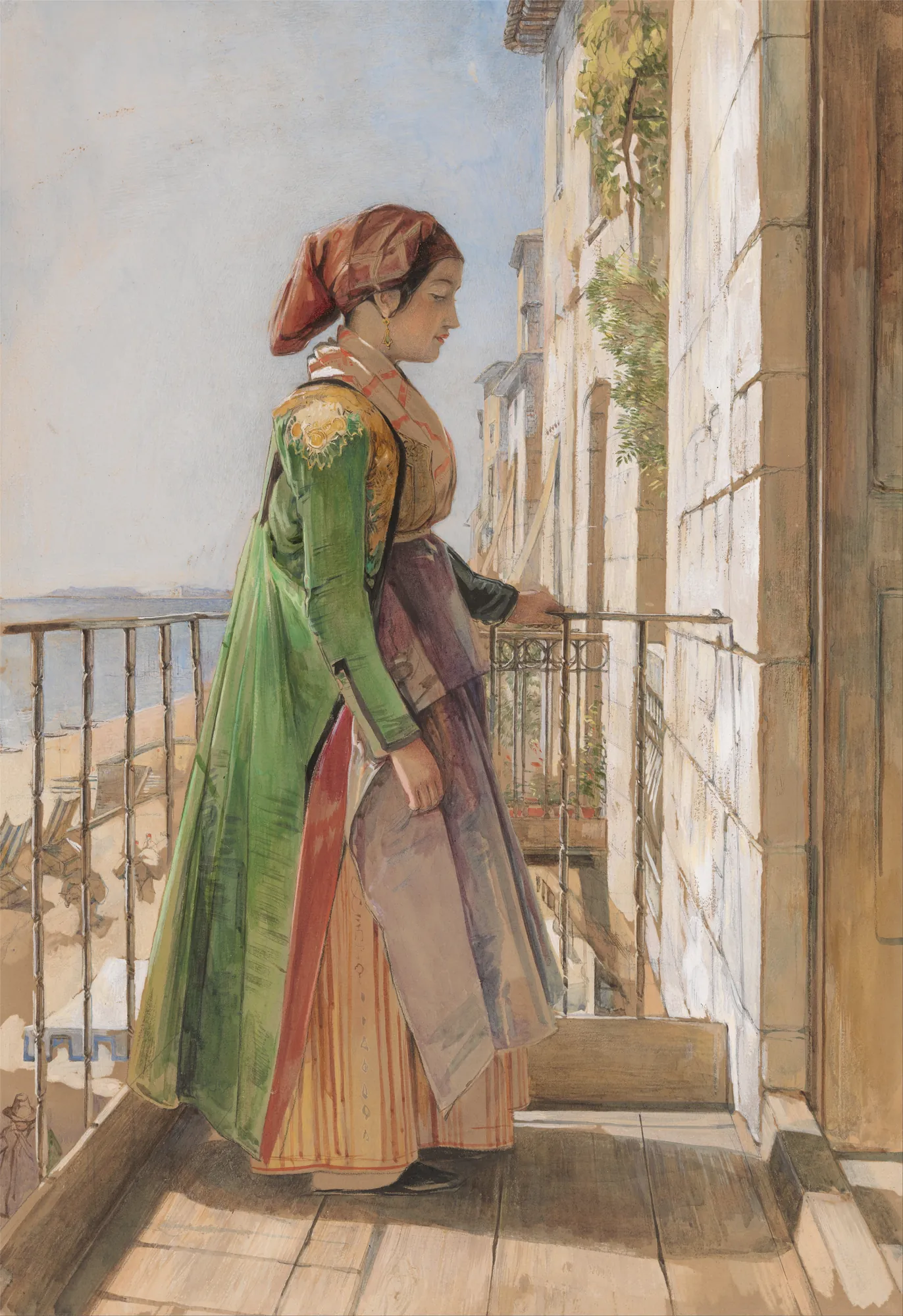 A Greek Girl Standing on a Balcony