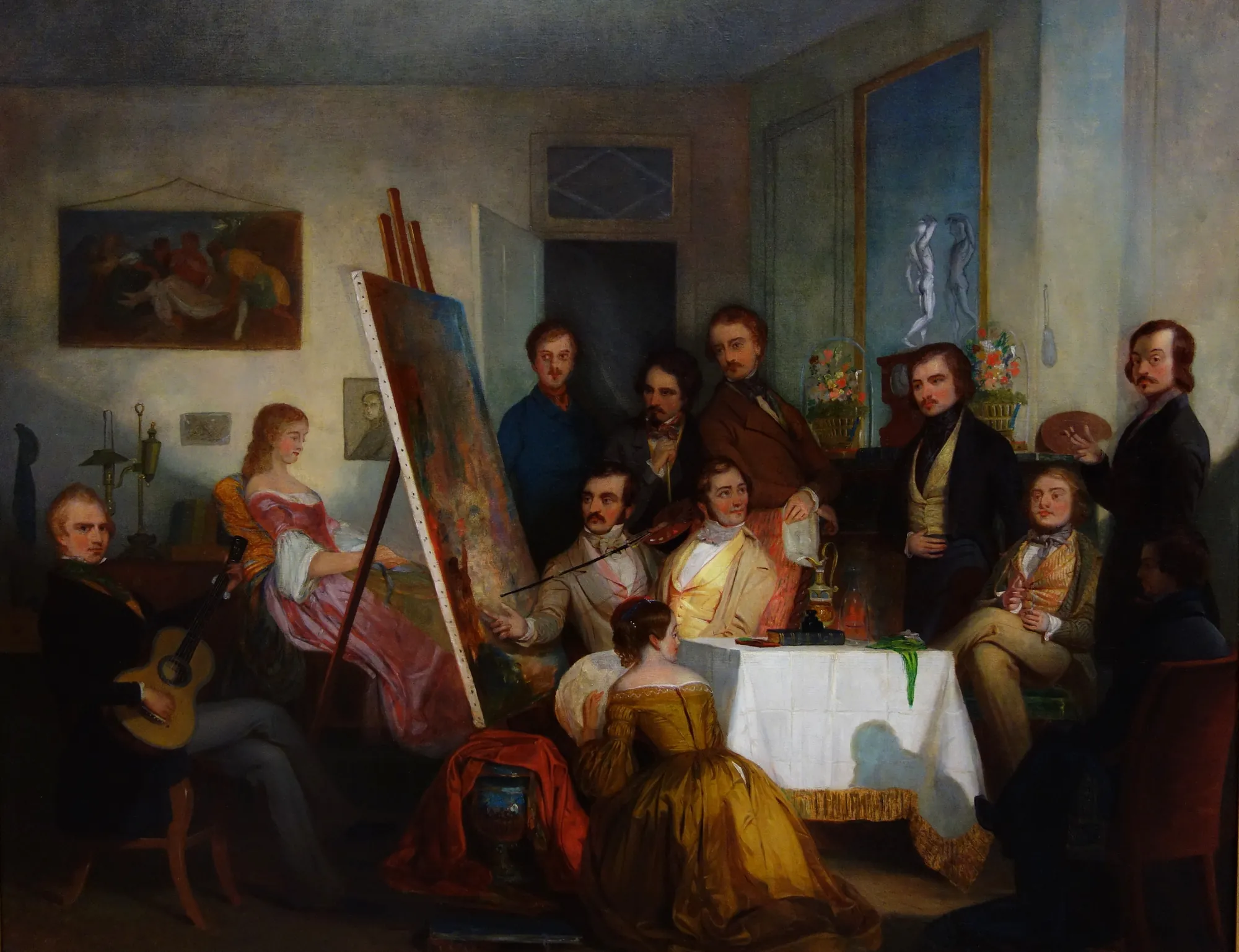 A Studio Reception, Paris A Studio Reception, Paris by Thomas Prichard Rossiter. A large group of elegantly dressed men and women are gathered in a 19th-century Parisian artist's studio, centered around an easel.