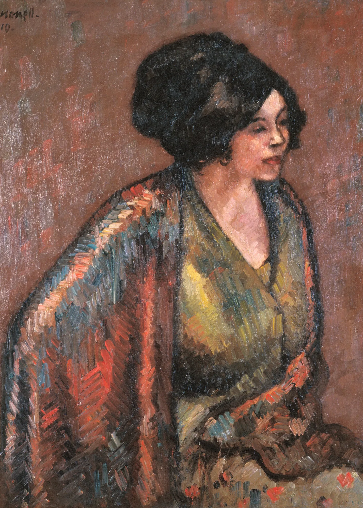 Flores Flores by Isidre Nonell. A painterly portrait of a woman in profile wearing a textured, multicolored shawl against a muted terracotta background.