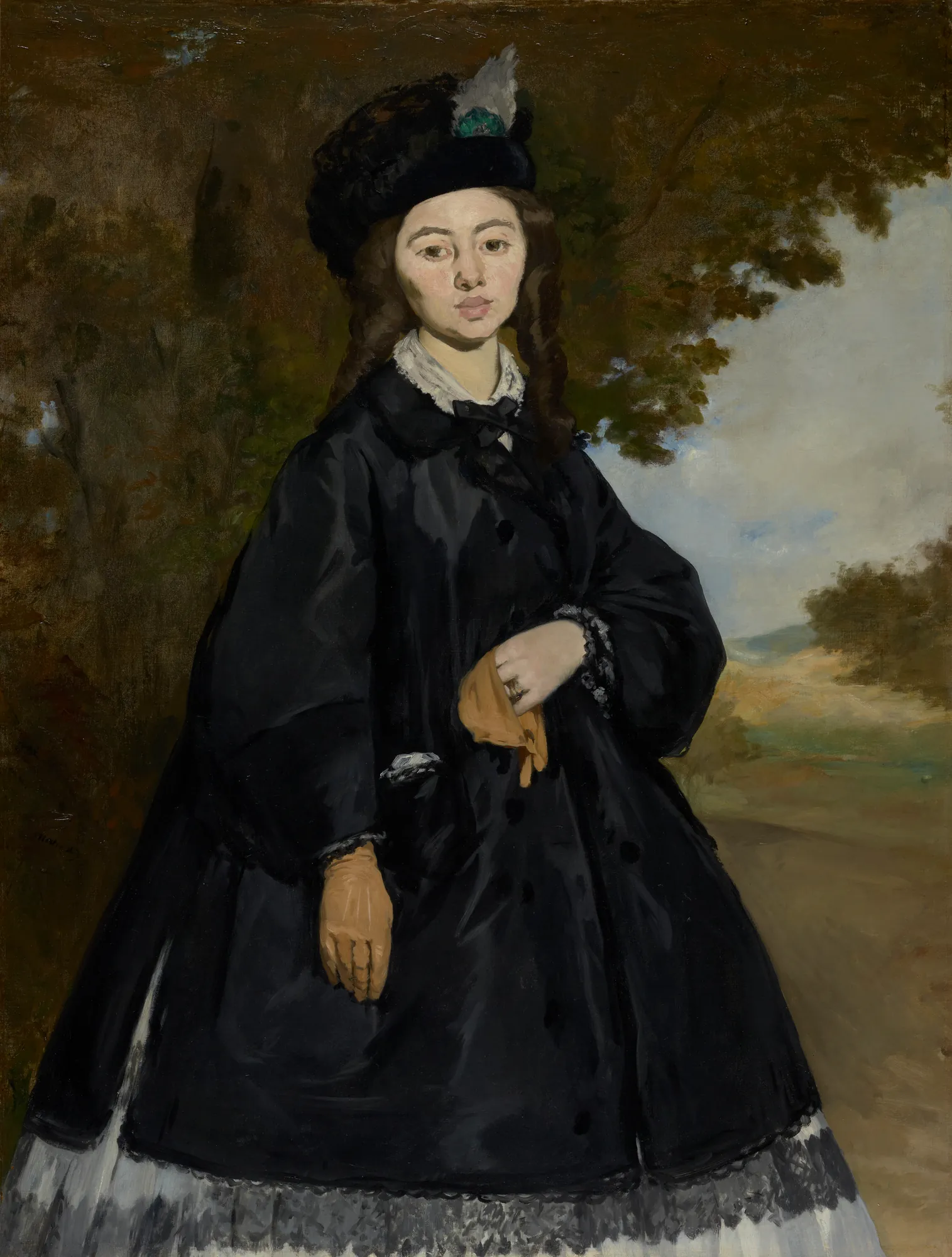 Portrait of Madame Brunet Portrait of Madame Brunet by Édouard Manet. A full-length portrait of a woman in a heavy black coat and plumed hat standing against a park-like landscape.