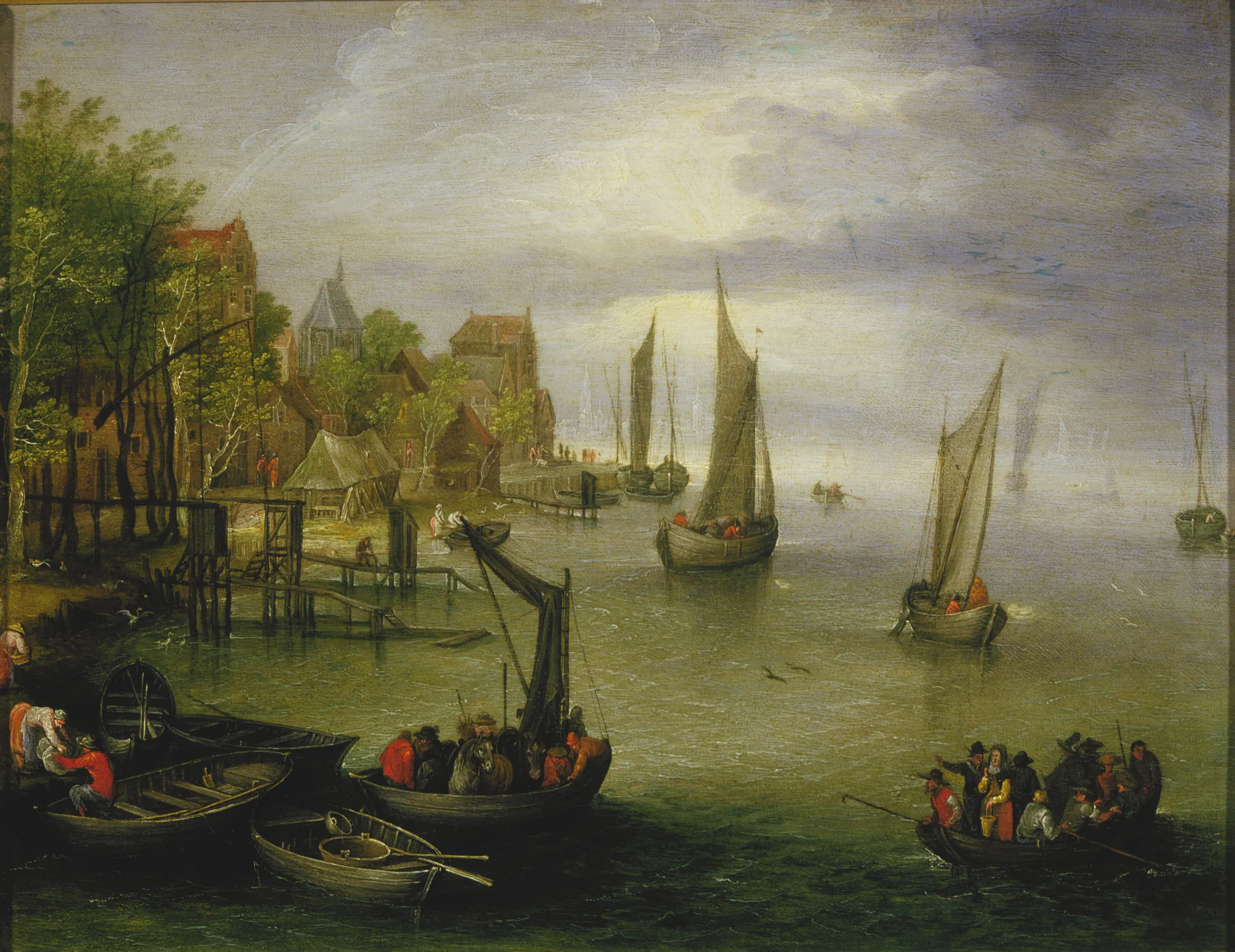 Flemish Ferry on the Scheldt, Opposite Antwerp Flemish Ferry on the Scheldt, Opposite Antwerp by Jan Brueghel the Elder. A bustling river scene with several sailboats and rowboats carrying passengers near a town shore under a cloudy sky.