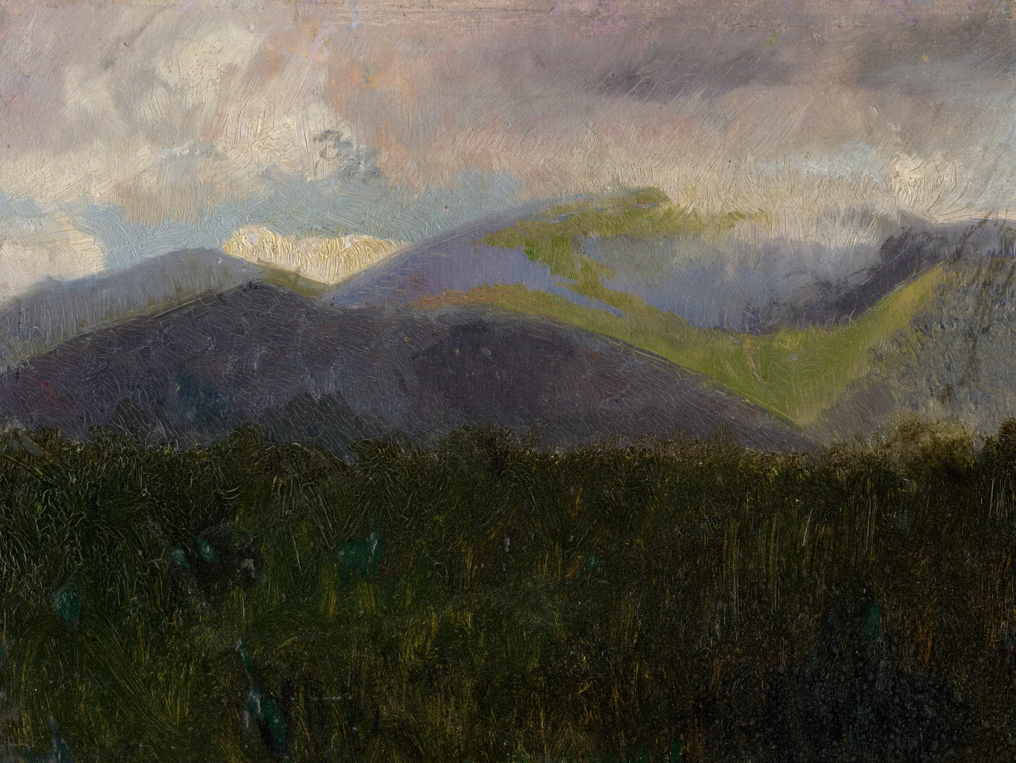 Svitanie (Dawn) Svitanie (Dawn) by László Mednyánszky. An impressionistic oil painting depicting a misty, rolling mountain landscape under a soft, purple-hued dawn sky.