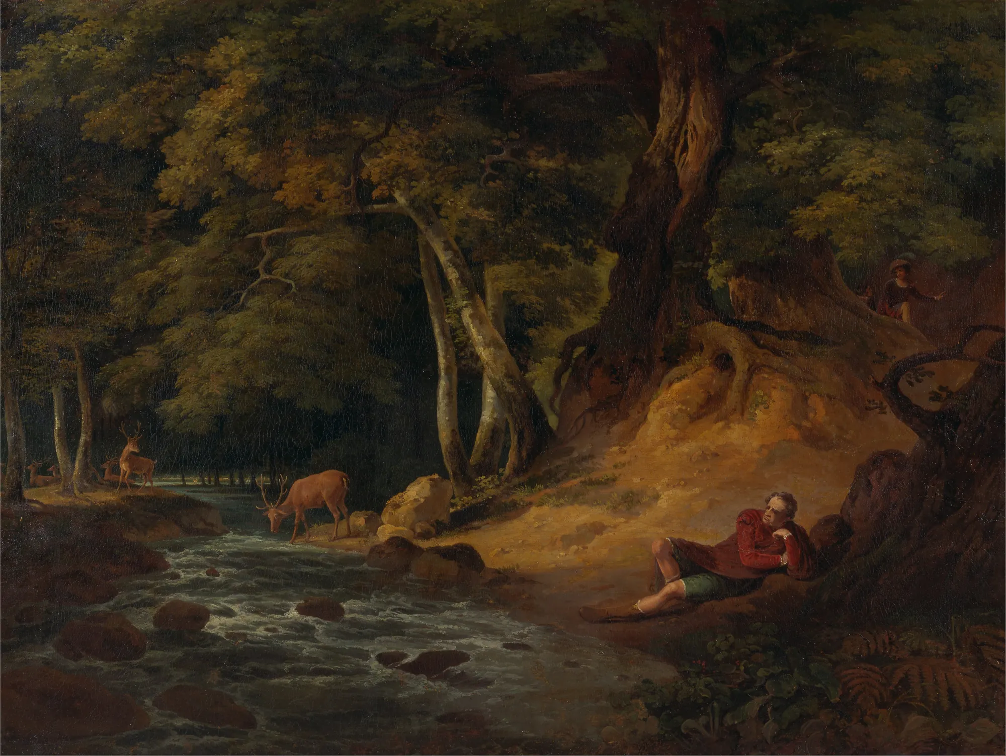 Jaques and the Wounded Stag Jaques and the Wounded Stag by George Romney, William Hodges. In a dense, shadowed forest, a man in a red tunic reclines by a rushing stream while a stag drinks from the water nearby.
