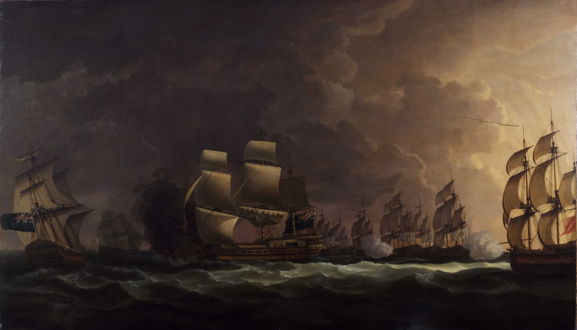 The Moonlight Battle: Battle off Cape St Vincent The Moonlight Battle: Battle off Cape St Vincent by Dominic Serres. A night-time naval battle featuring several large sailing ships amidst churning waves under a dramatic, moonlit sky filled with clouds.