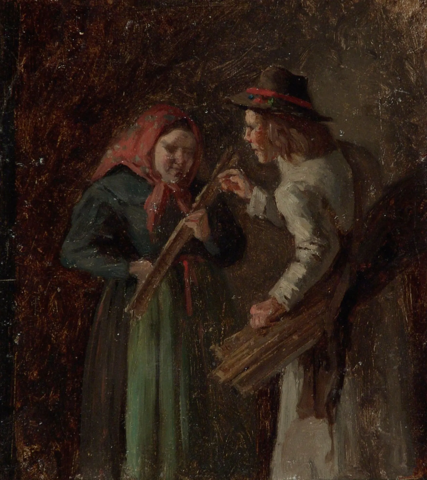 Dalecarlian Pedlar Dalecarlian Pedlar by Karl Jansson. A moody oil sketch depicting a pedlar in a hat and a woman in a red headscarf examining goods in a dark interior.