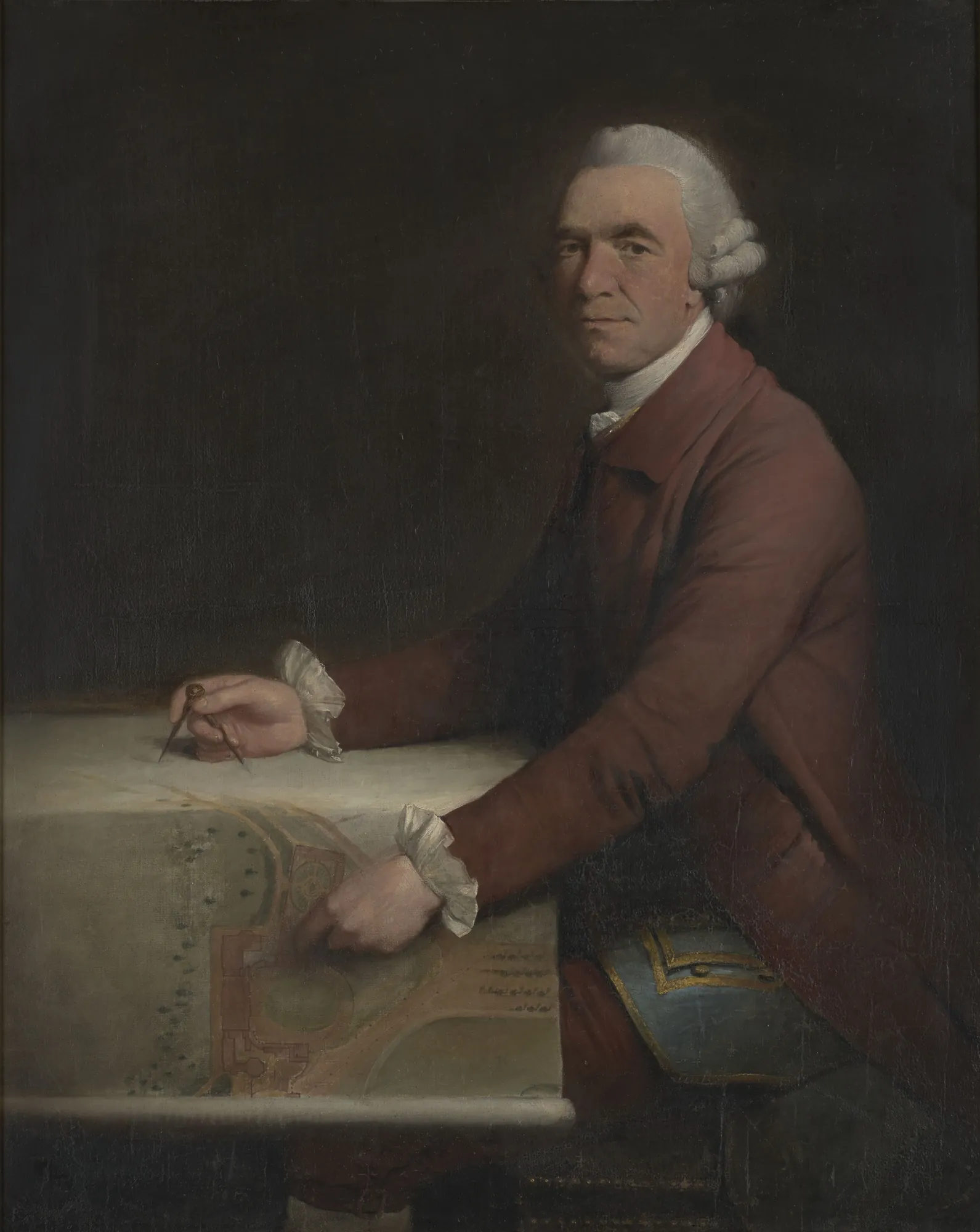 Kenton Couse, Architect Kenton Couse, Architect by Mason Chamberlin. A formal 18th-century portrait of a man in a reddish coat seated at a desk, holding dividers over architectural plans.