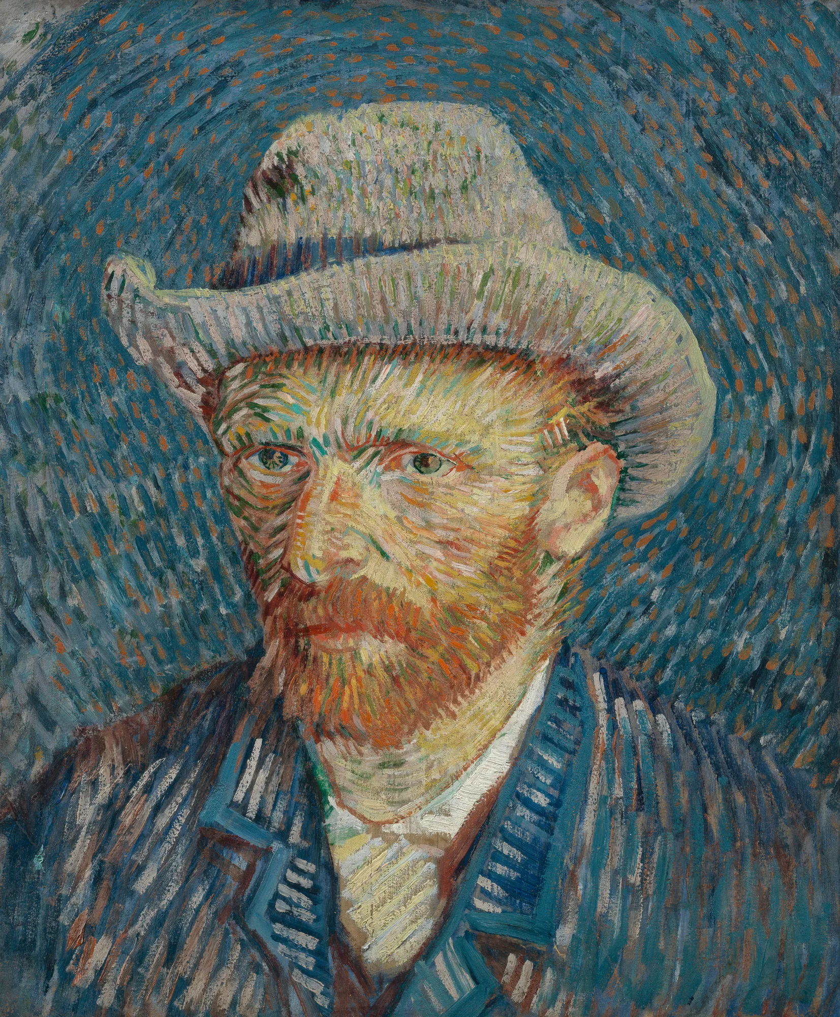 Self-Portrait with Grey Felt Hat Self-Portrait with Grey Felt Hat by Vincent van Gogh. A self-portrait of the artist wearing a light grey hat, characterized by a halo of swirling blue and orange dashed brushstrokes.
