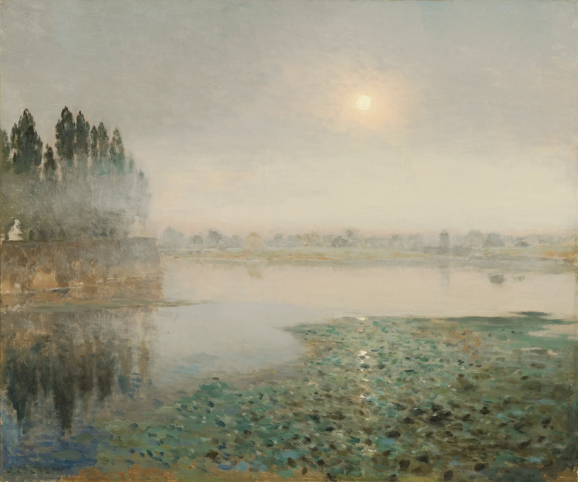 Mist on the River Mist on the River by Jean-Charles Cazin. A tranquil river scene at dawn or dusk, where a pale sun hangs in a thick, luminous mist over quiet waters and dark silhouetted trees.