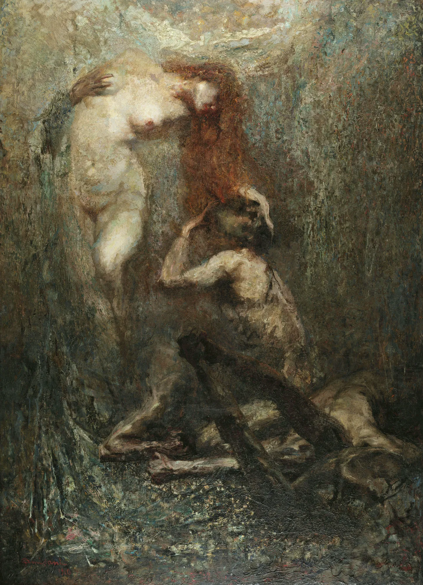 The Tragic Cradle The Tragic Cradle by Giuseppe Amisani. A moody Symbolist oil painting featuring a luminous nude woman with flowing auburn hair leaning over a shadowed figure in a dark, atmospheric setting.