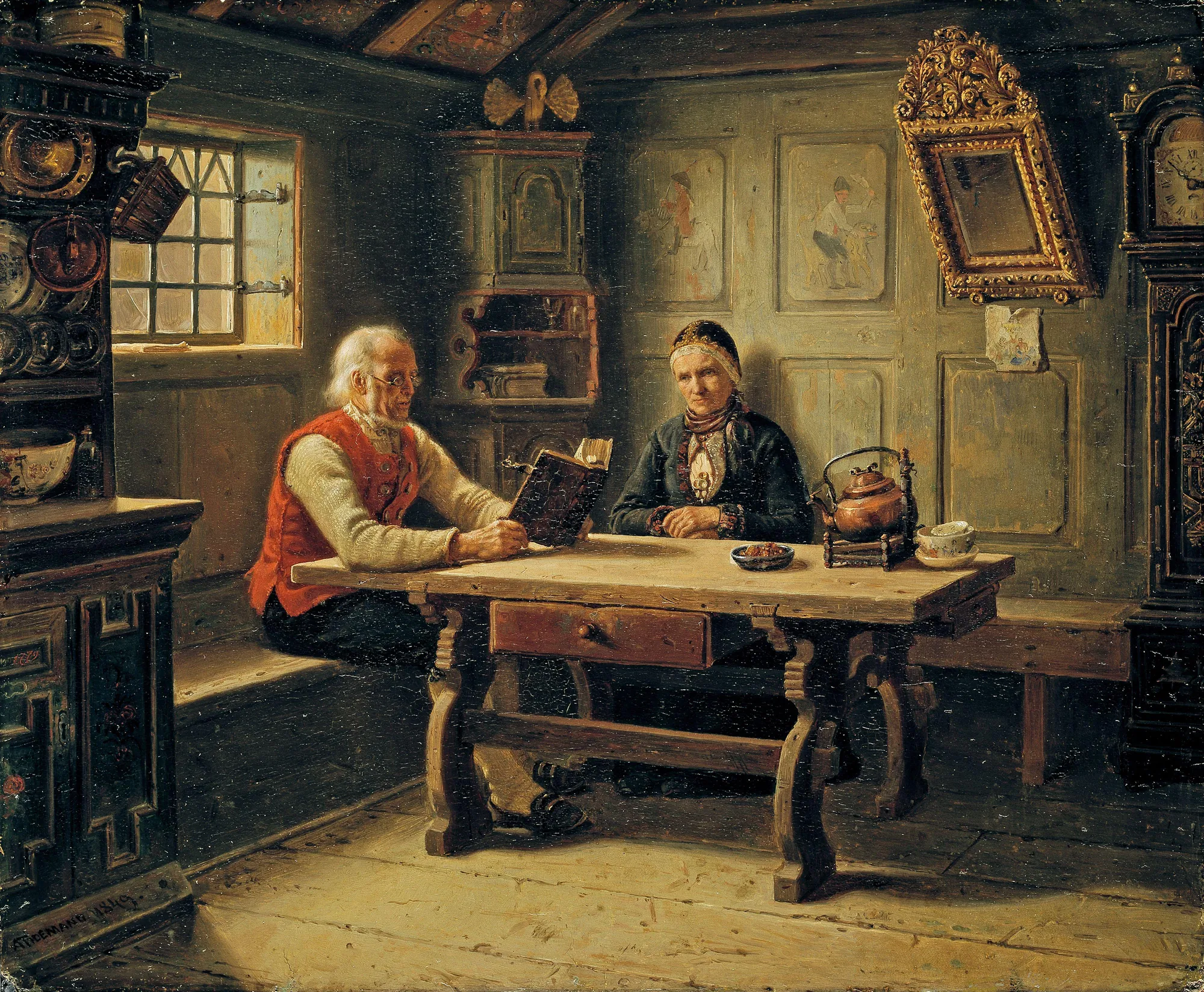 Old Age Solitude Old Age Solitude by Adolph Tidemand. An elderly man reads from a book at a heavy wooden table while an elderly woman sits opposite him in a rustic, wood-paneled interior.