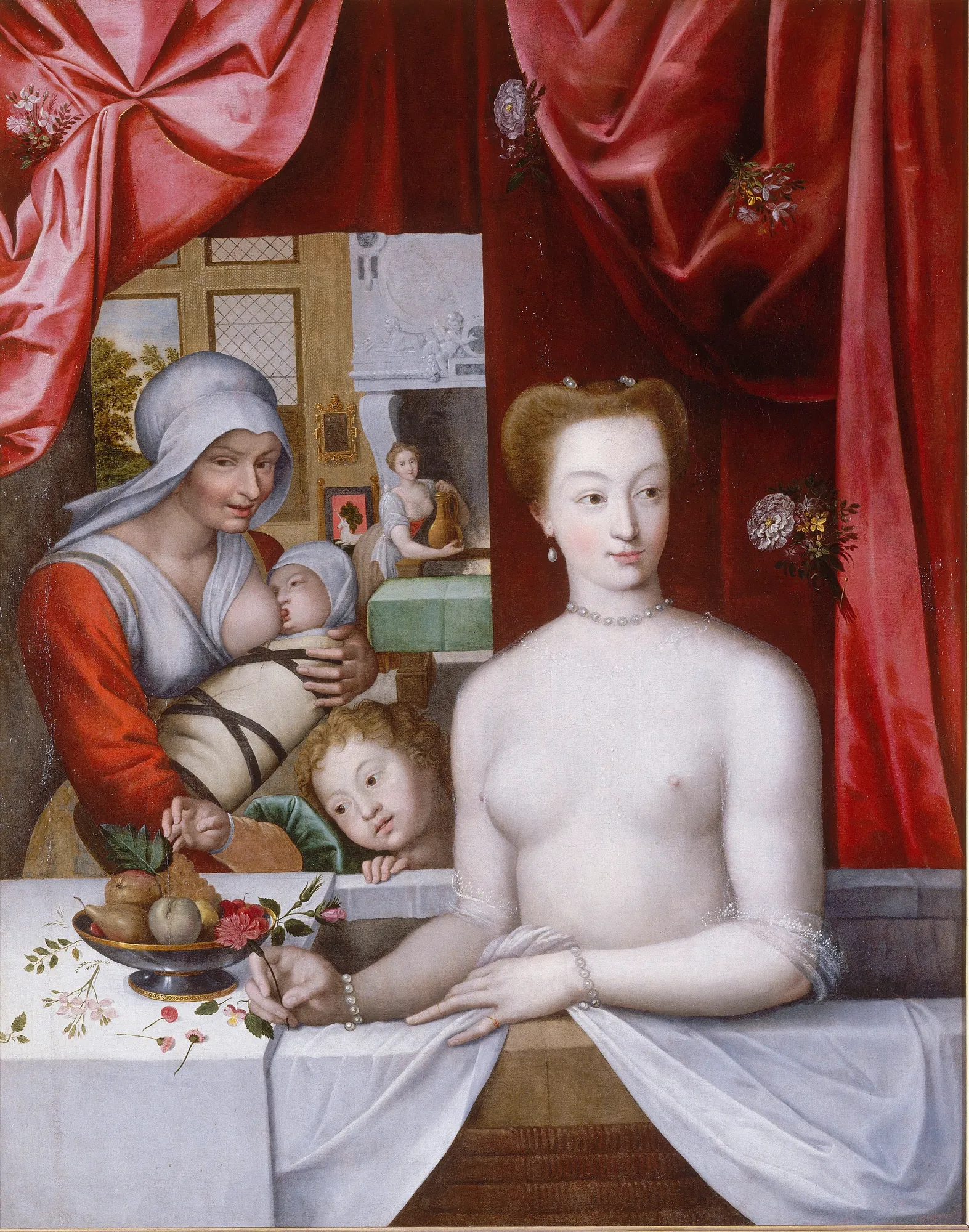 Gabrielle d'Estrées au bain Gabrielle d'Estrées au bain by School of Fontainebleau. A partially nude woman sits in a bathtub, accompanied by a wet nurse breastfeeding an infant and a small child, set against a backdrop of rich red drapery.