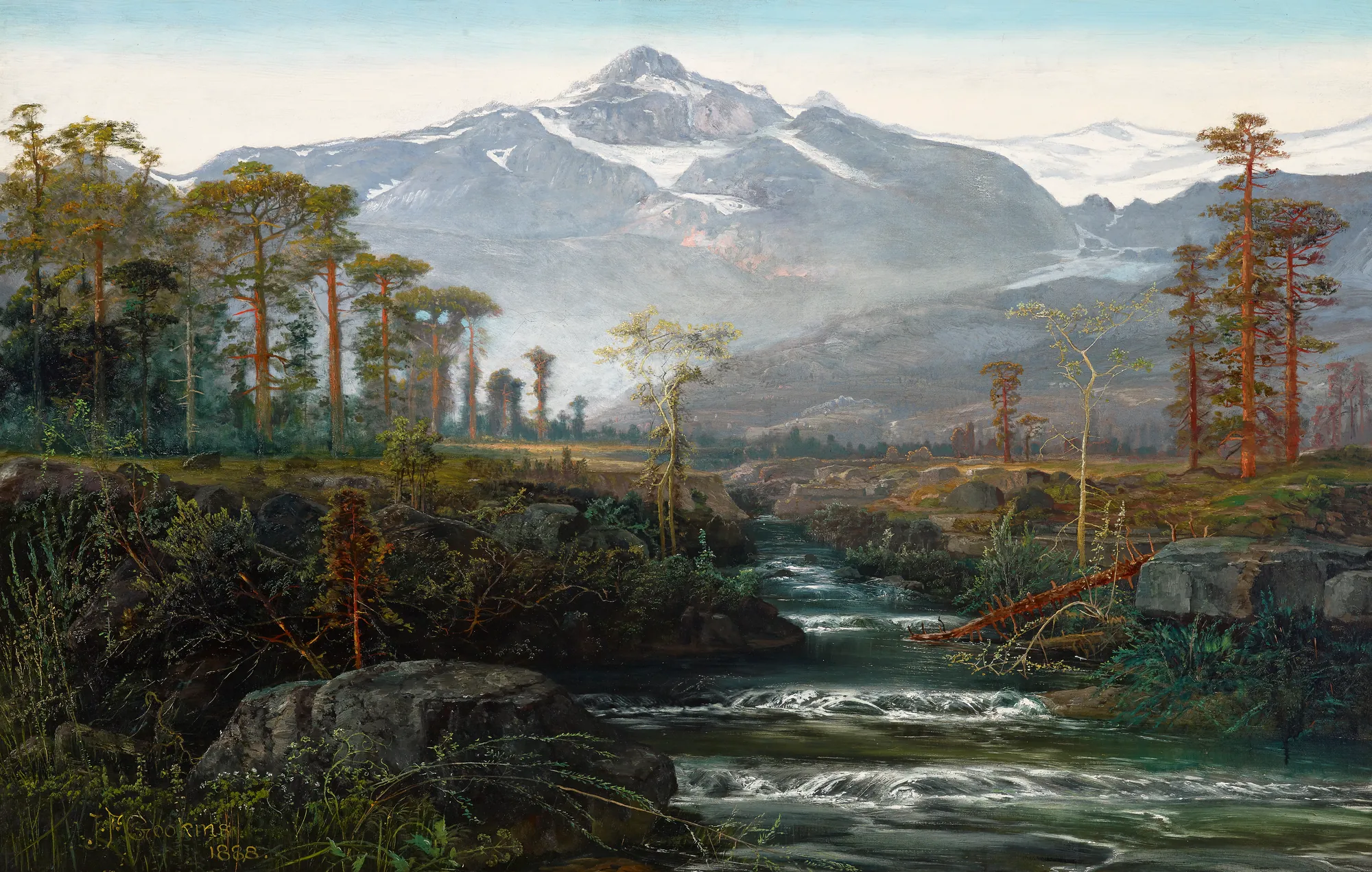 Scene in Switzerland Scene in Switzerland by James Farrington Gookins. A panoramic landscape featuring a rushing stream winding through a rocky foreground toward a distant, snow-capped mountain range under a pale blue sky.