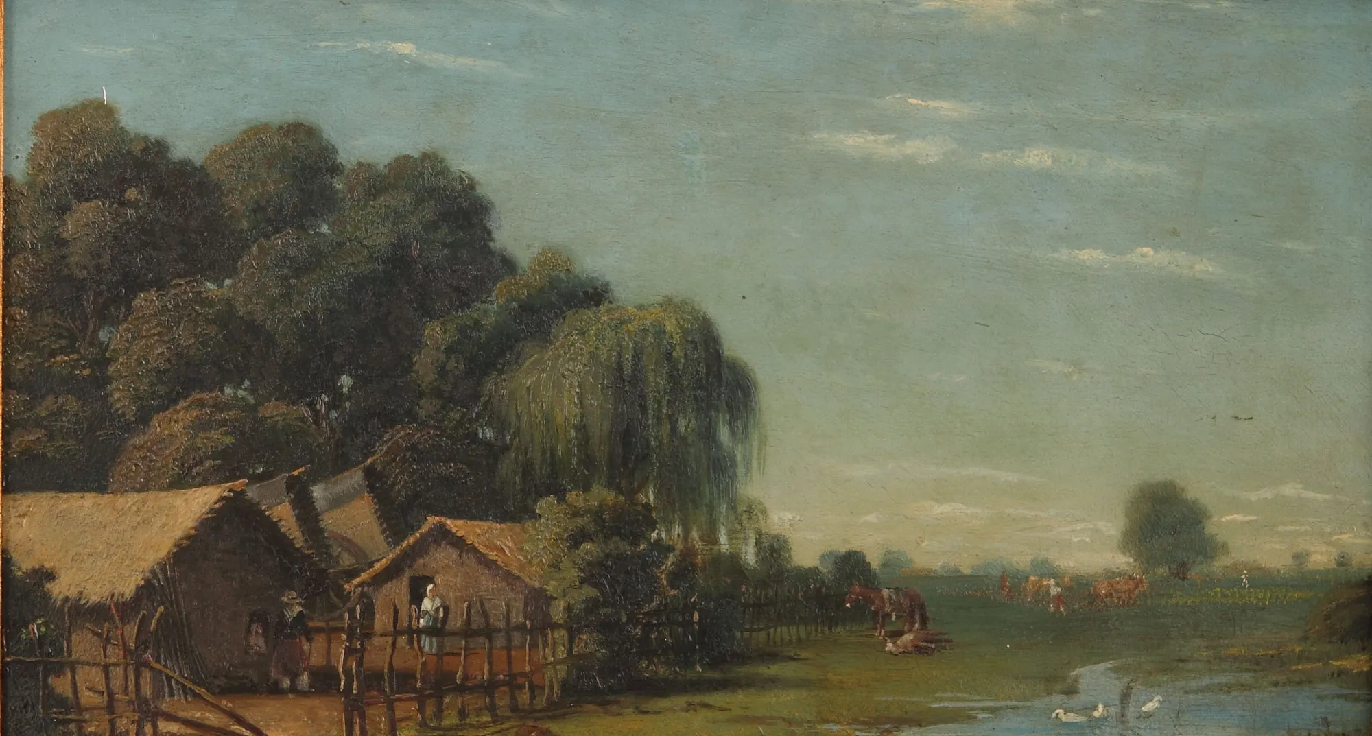 Ranchería de San Isidro Ranchería de San Isidro by Prilidiano Pueyrredón. A peaceful rural landscape featuring thatched-roof dwellings nestled among trees beside a small stream.