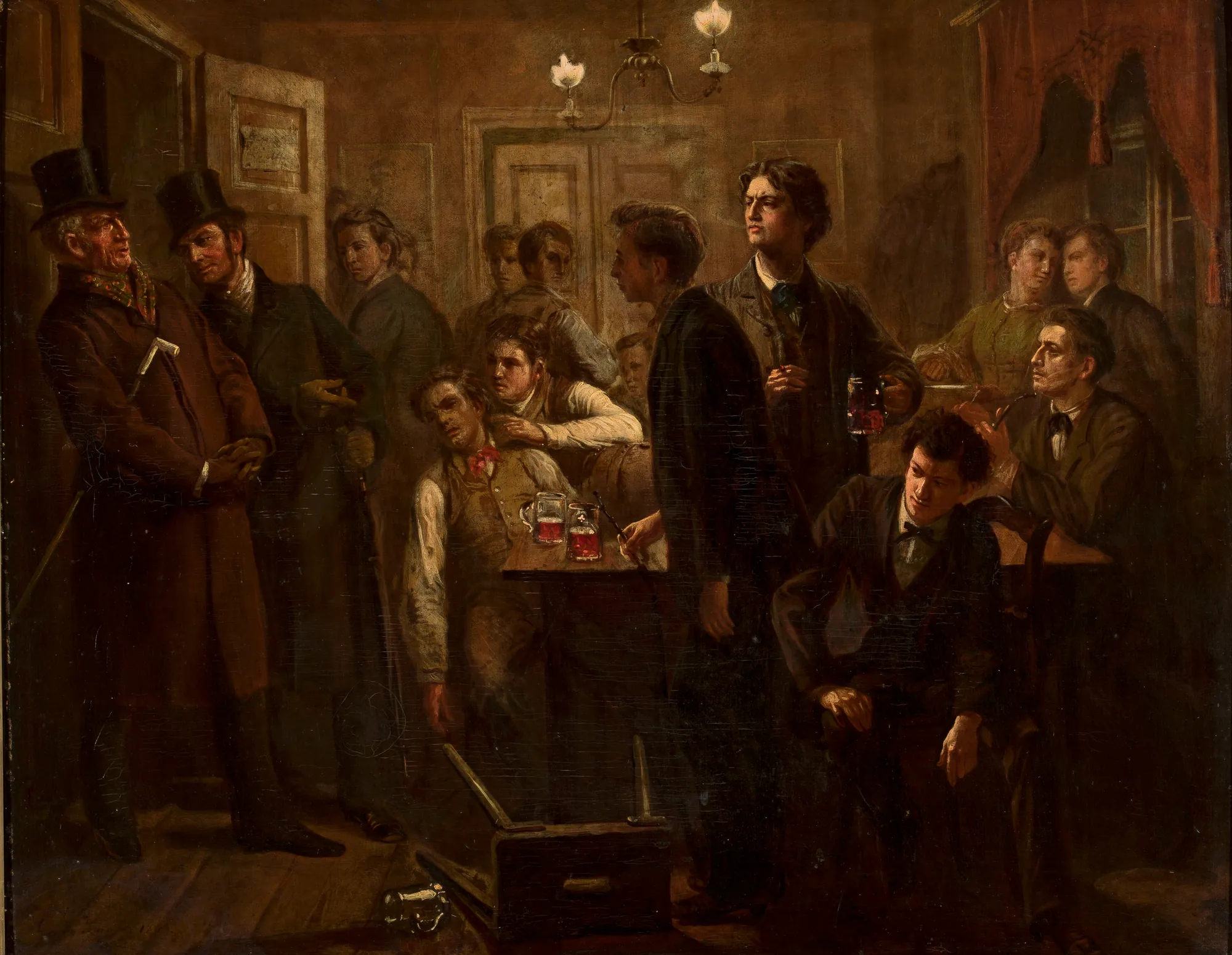 Scene in a Tavern Scene in a Tavern by Georg Knorr. A group of 19th-century men in formal daywear gathered in a dimly lit, atmospheric tavern setting.